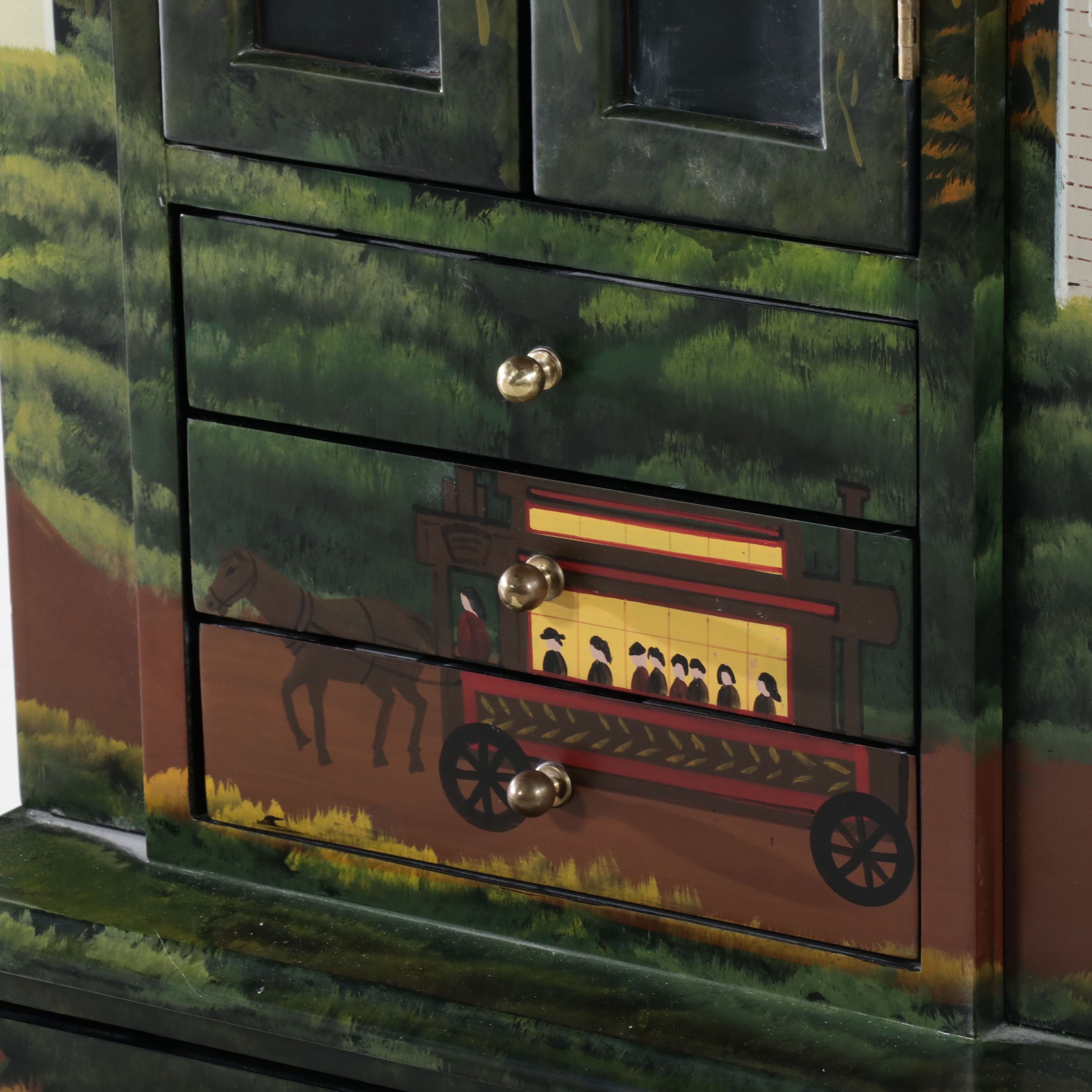 Hand-Painted Folk Art Scene Jewelry Armoire, Late 20th Century