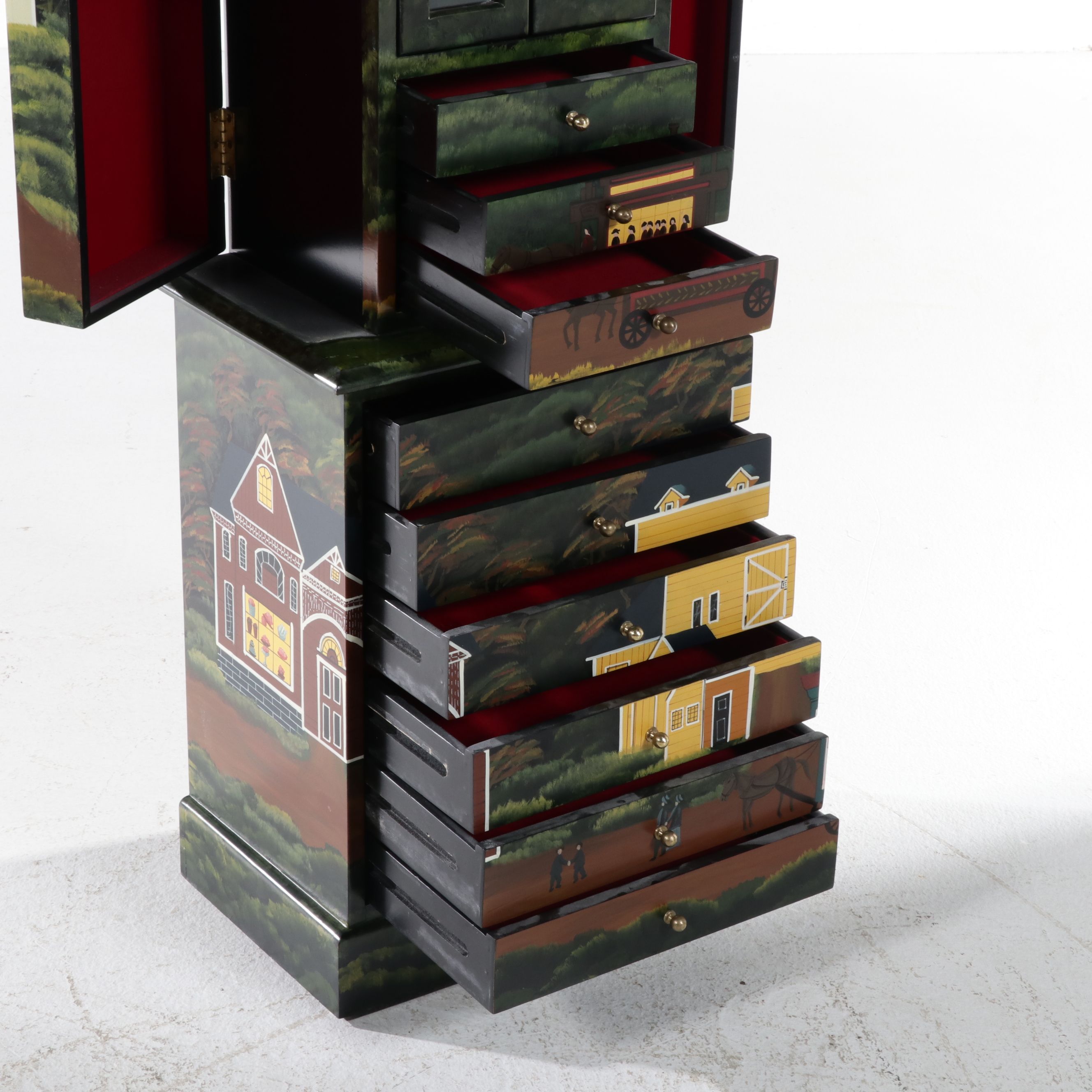 Hand-Painted Folk Art Scene Jewelry Armoire, Late 20th Century