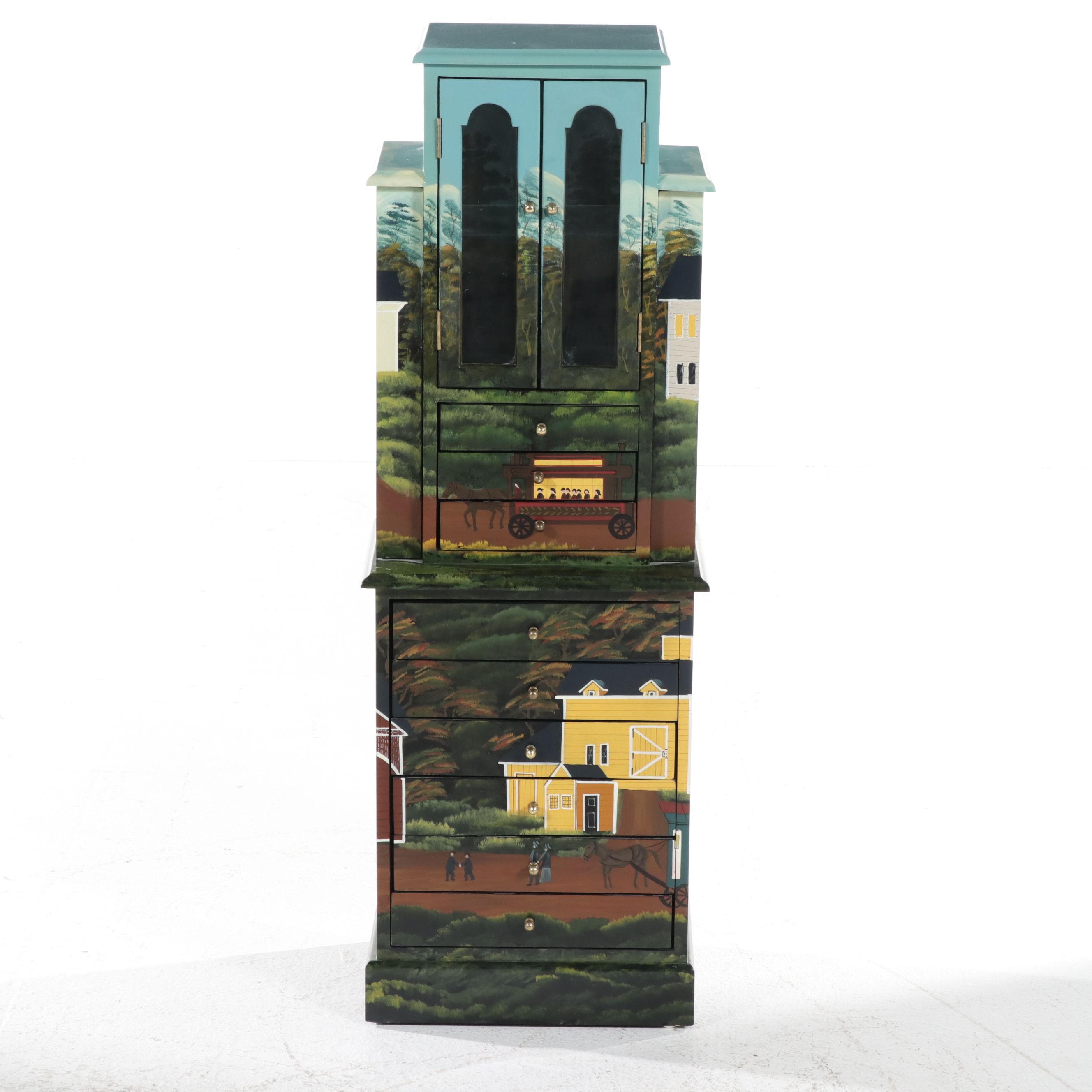 Hand-Painted Folk Art Scene Jewelry Armoire, Late 20th Century