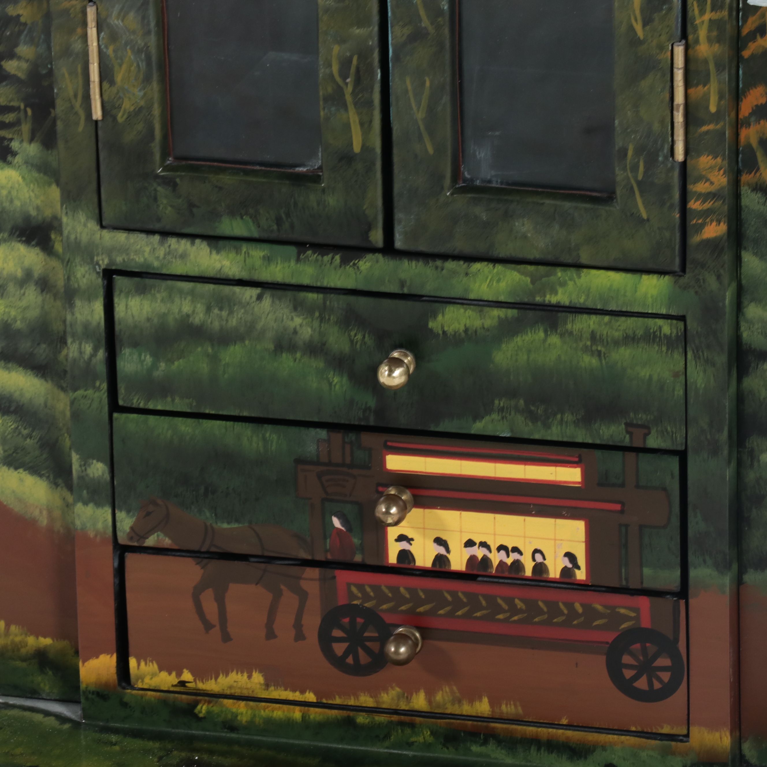 Hand-Painted Folk Art Scene Jewelry Armoire, Late 20th Century