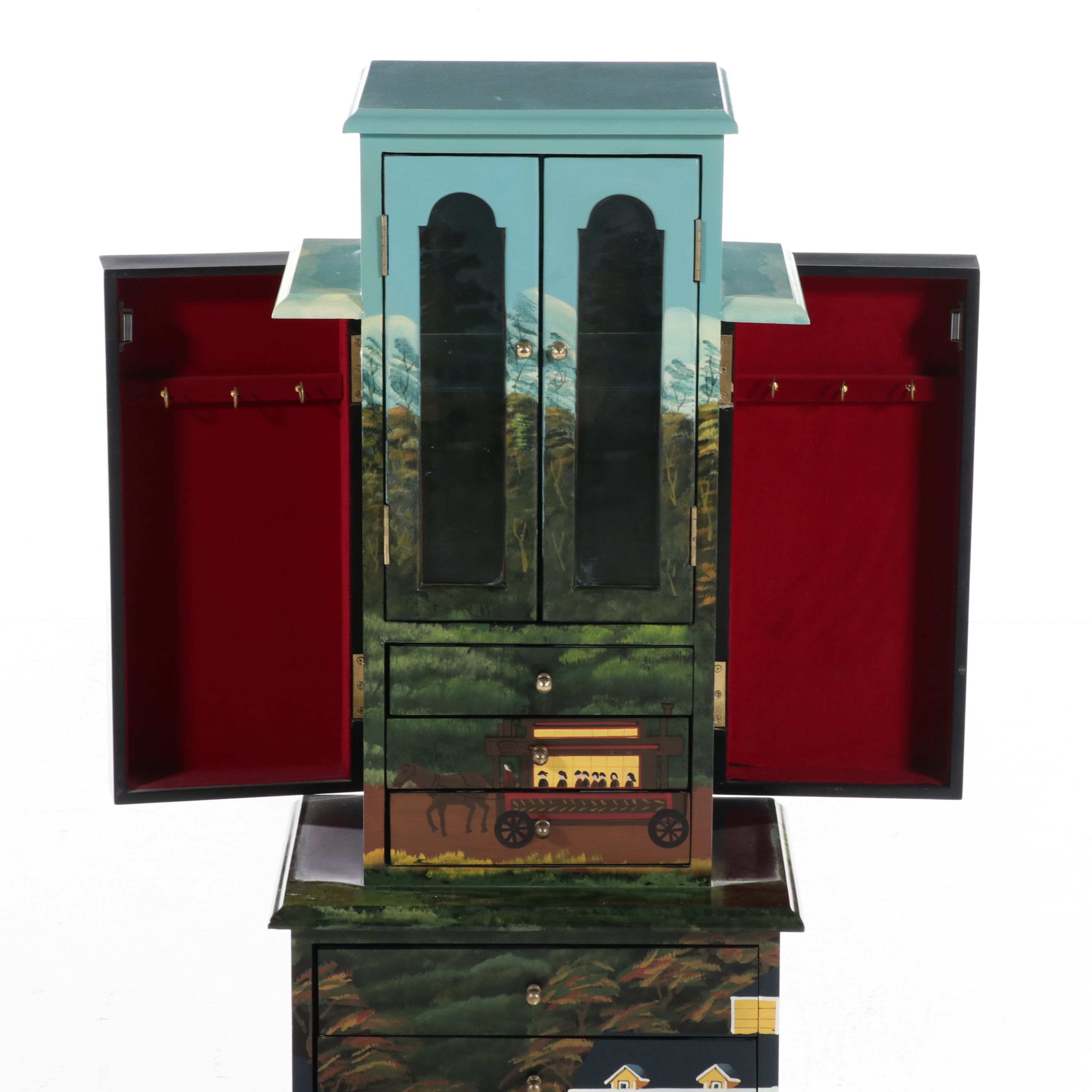 Hand-Painted Folk Art Scene Jewelry Armoire, Late 20th Century
