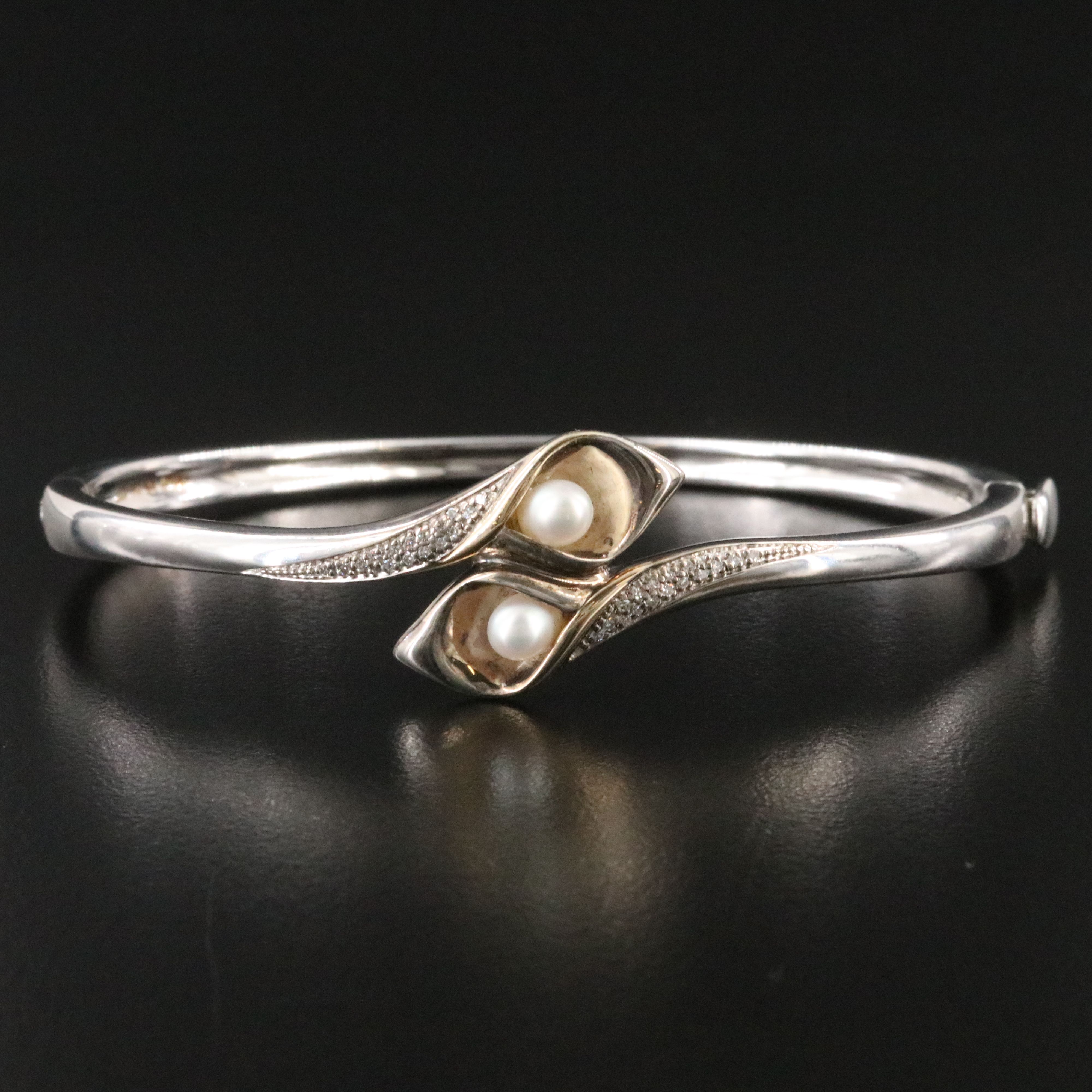 Sterling Pearl and Diamond Calla Lily Bypass Bangle Bracelet with 14K Accents
