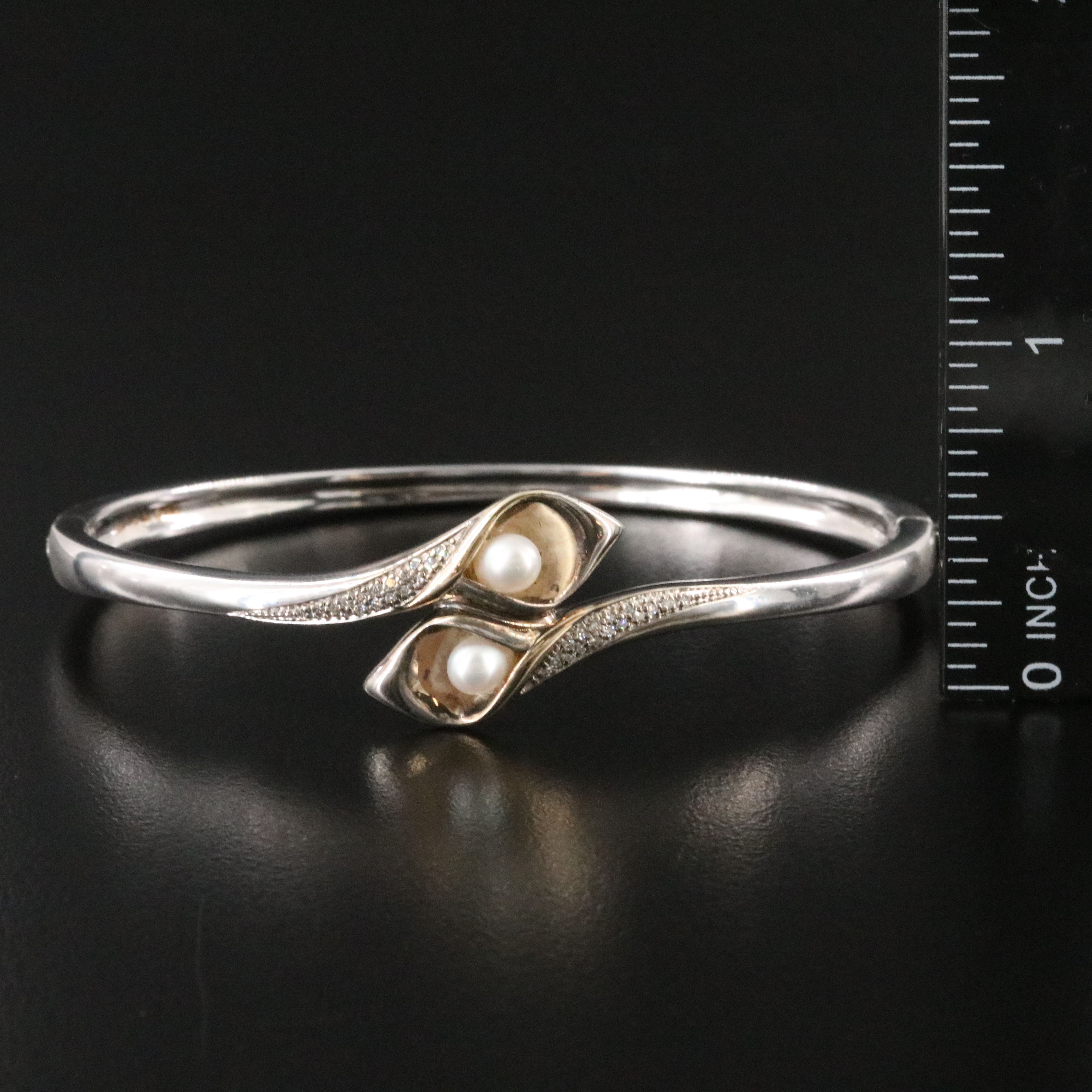 Sterling Pearl and Diamond Calla Lily Bypass Bangle Bracelet with 14K Accents