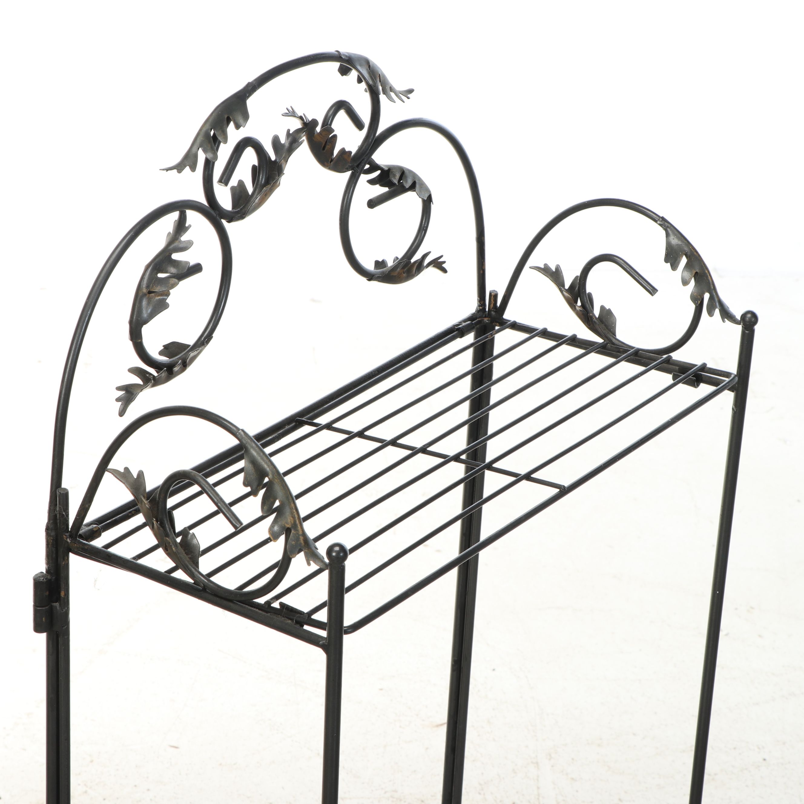 Antiqued Scrollwork Plant Stands with Foliate Decorated Metal Shelf
