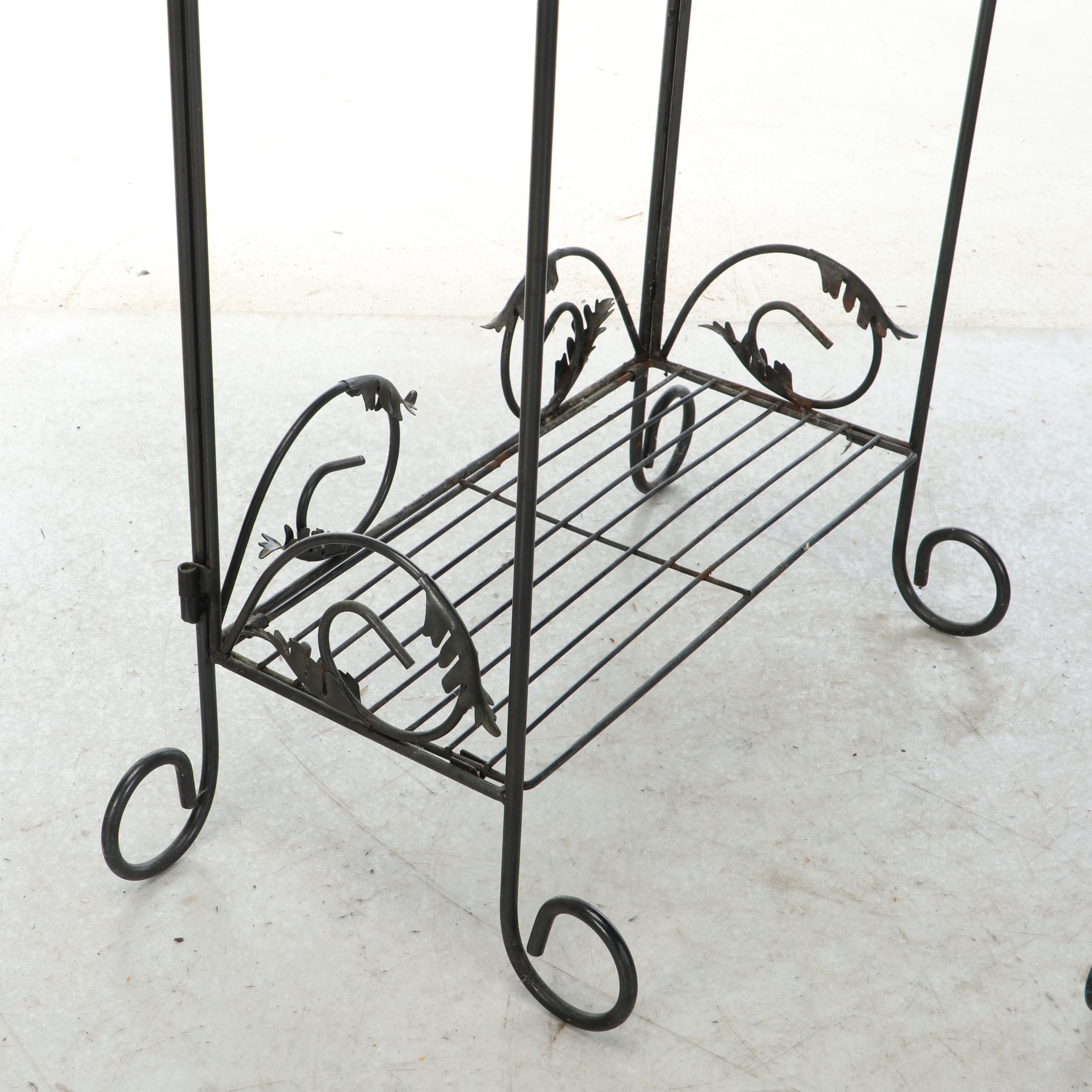 Antiqued Scrollwork Plant Stands with Foliate Decorated Metal Shelf