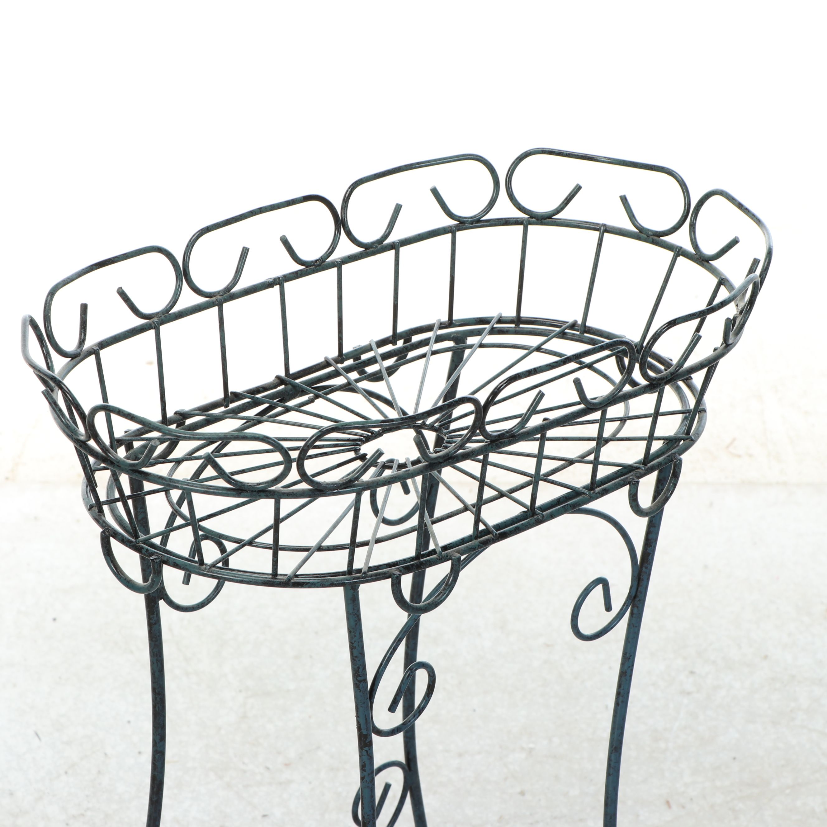 Antiqued Scrollwork Plant Stands with Foliate Decorated Metal Shelf