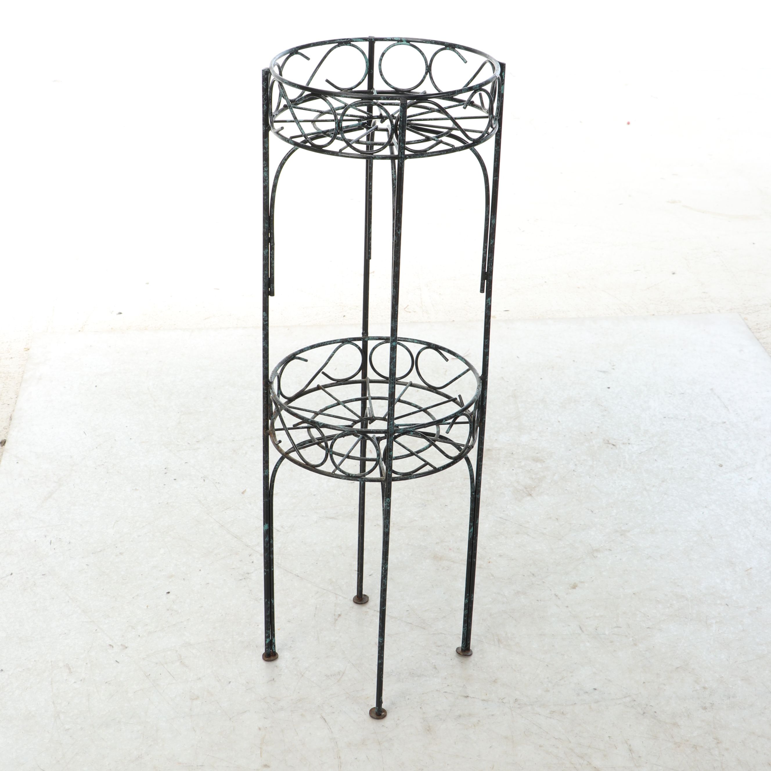 Antiqued Scrollwork Plant Stands with Foliate Decorated Metal Shelf