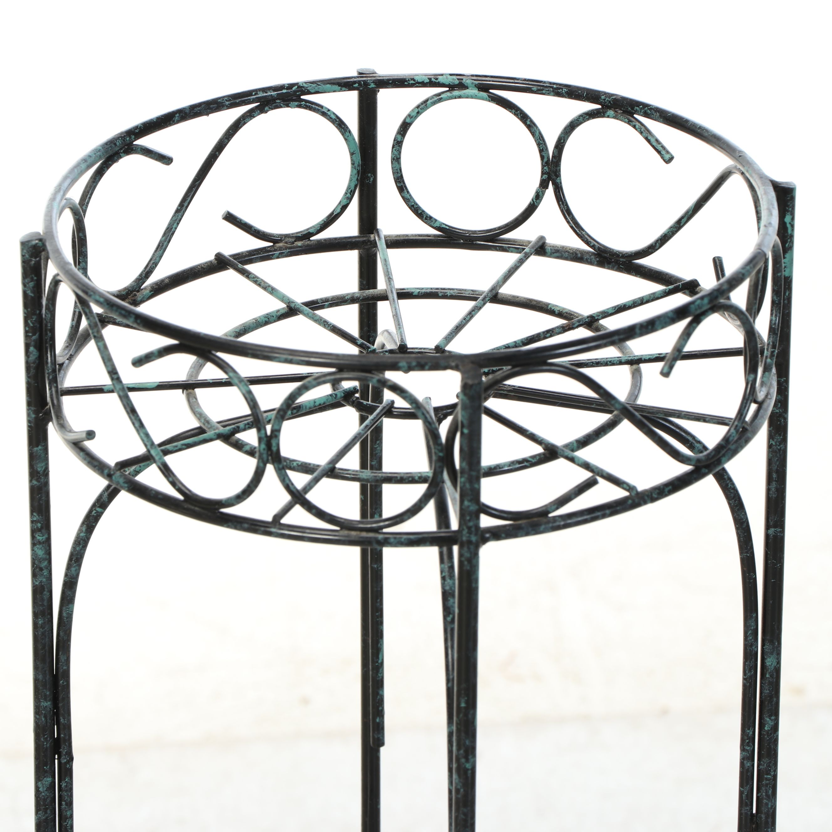 Antiqued Scrollwork Plant Stands with Foliate Decorated Metal Shelf
