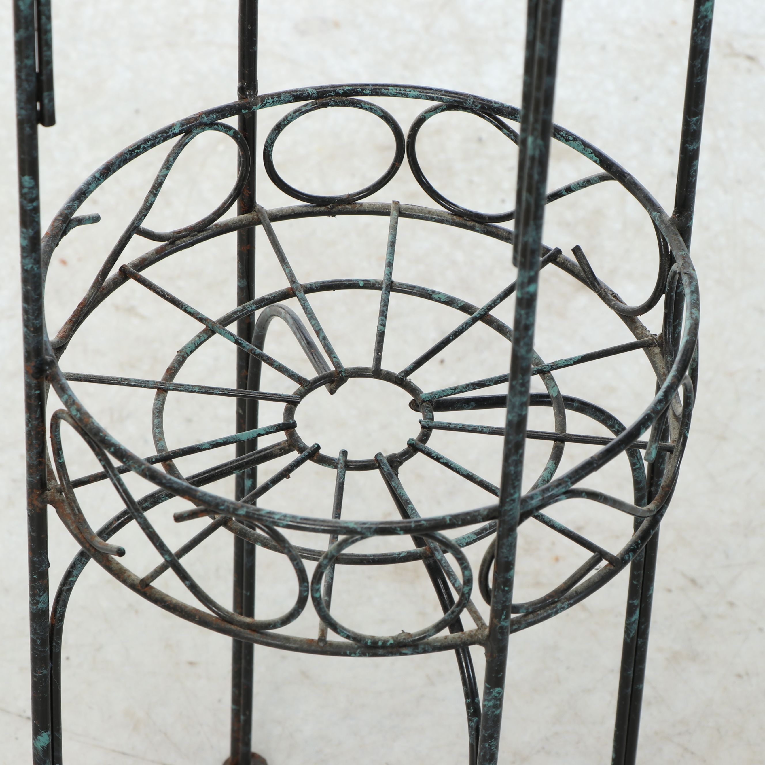 Antiqued Scrollwork Plant Stands with Foliate Decorated Metal Shelf