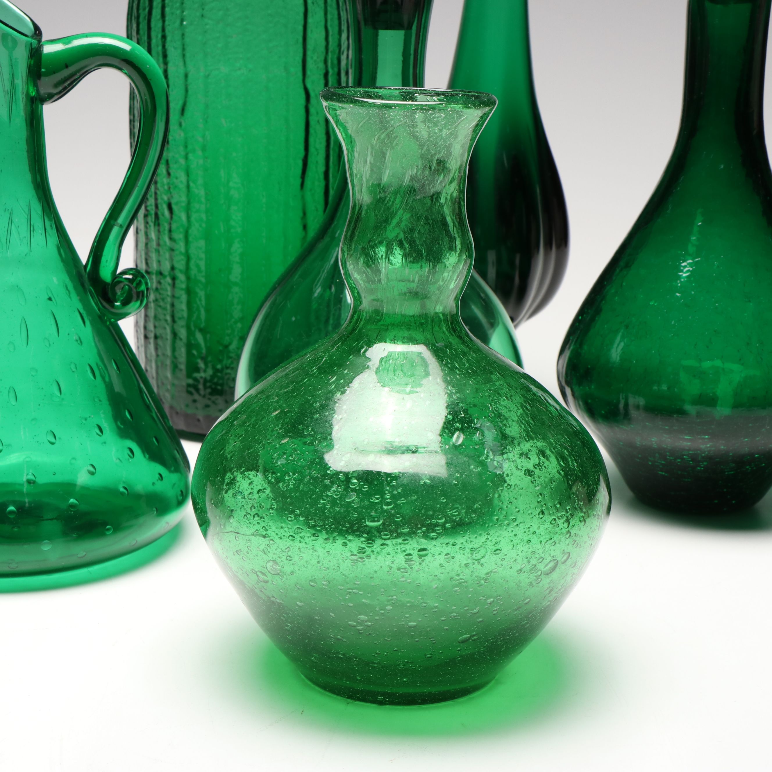 Mid Century Modern Style Bubble and Other Green Glass Decanters and Vases