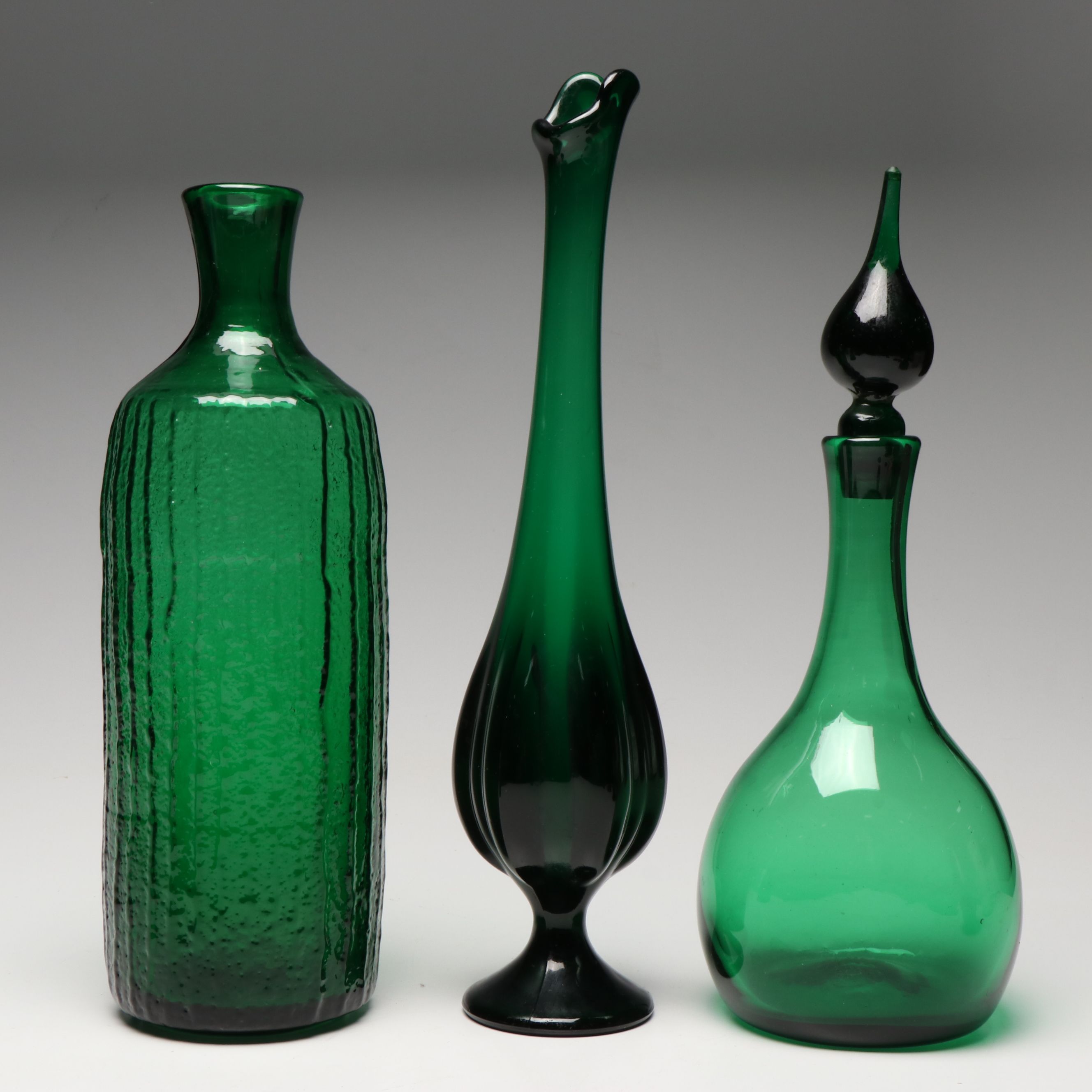 Mid Century Modern Style Bubble and Other Green Glass Decanters and Vases