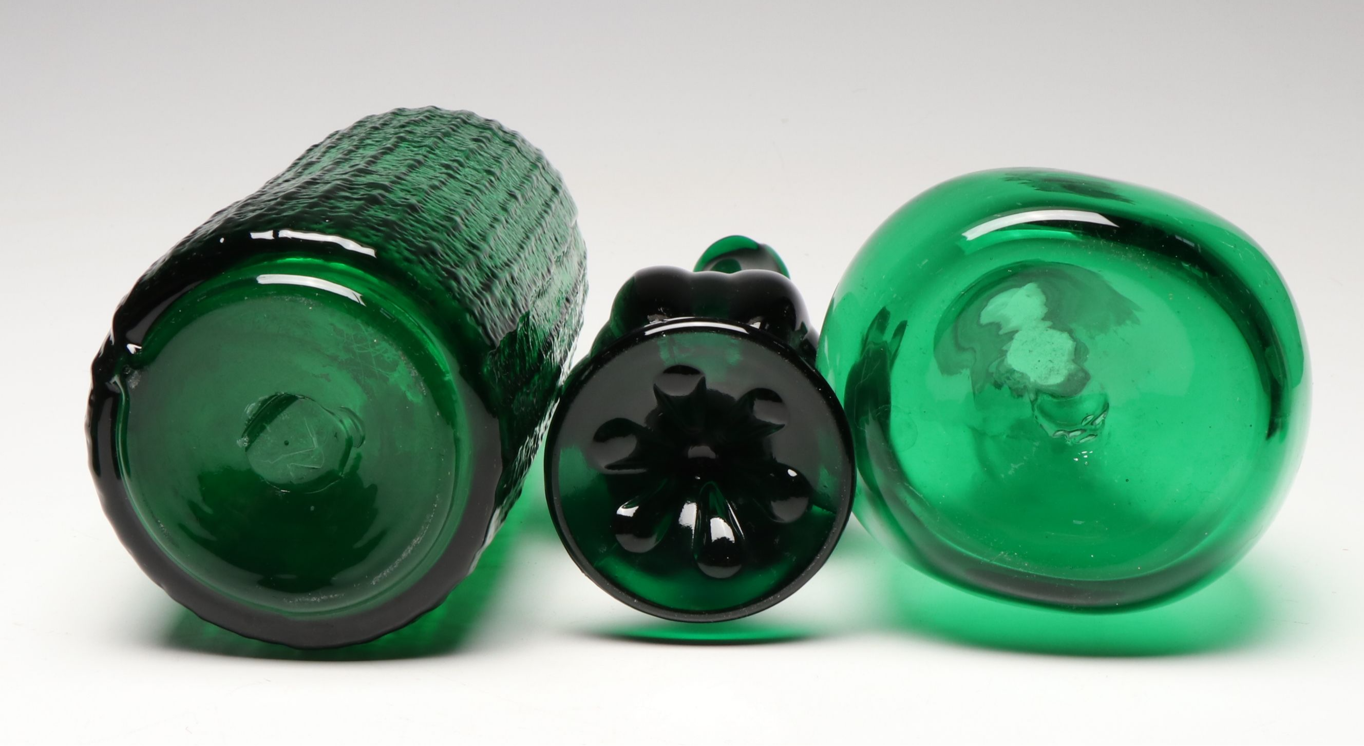 Mid Century Modern Style Bubble and Other Green Glass Decanters and Vases