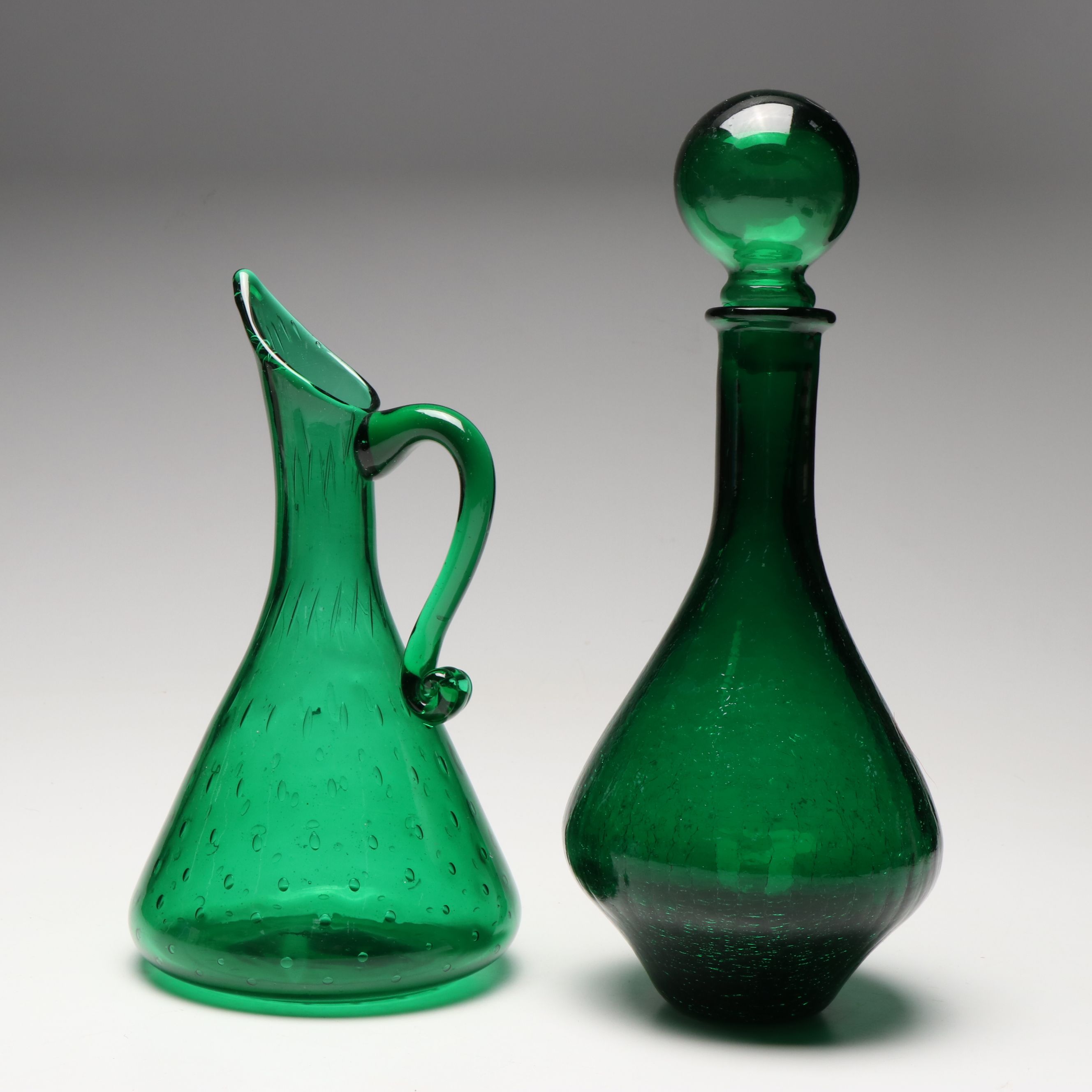 Mid Century Modern Style Bubble and Other Green Glass Decanters and Vases