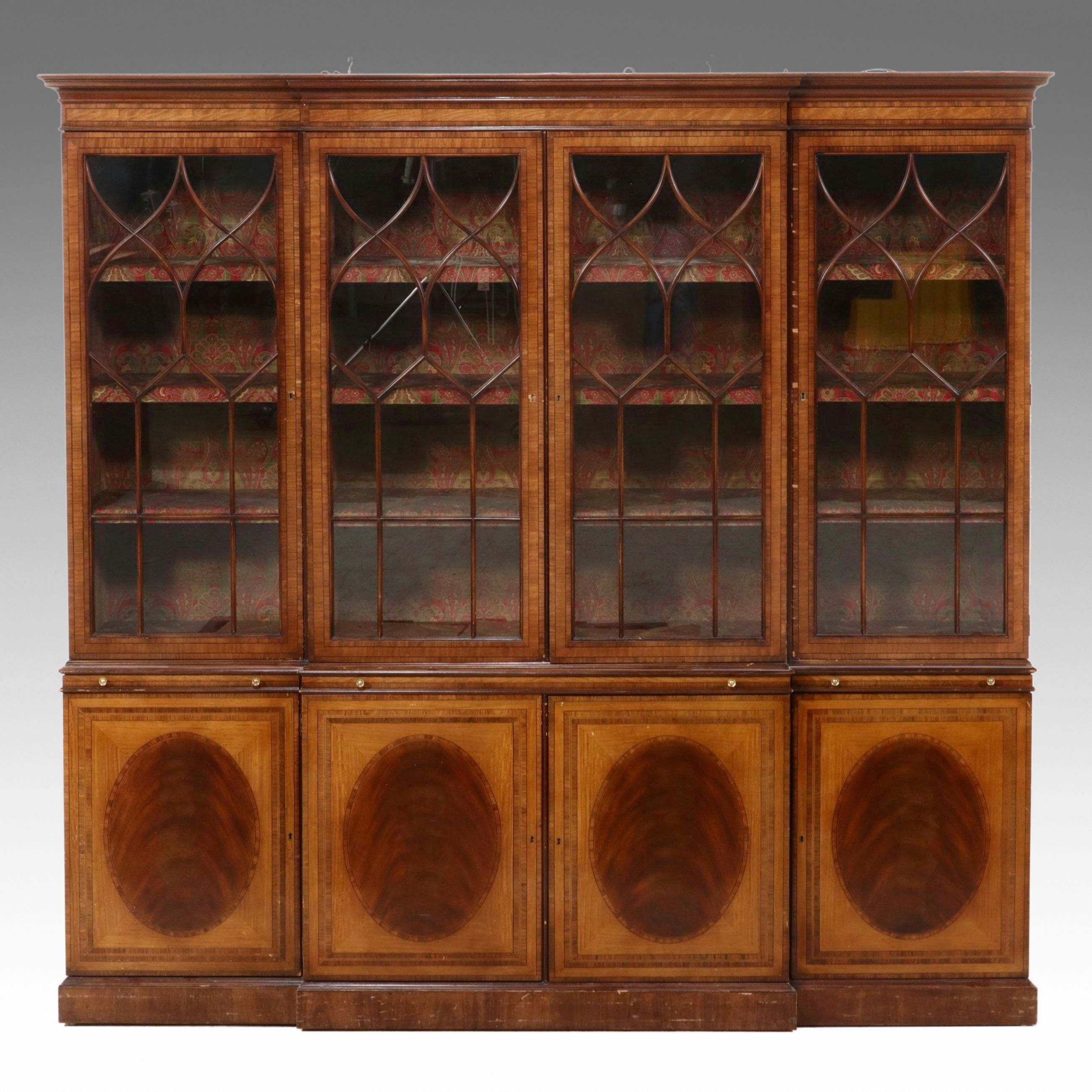 Hepplewhite Style Inlaid Mahogany Breakfront China Cabinet, Late 20th Century