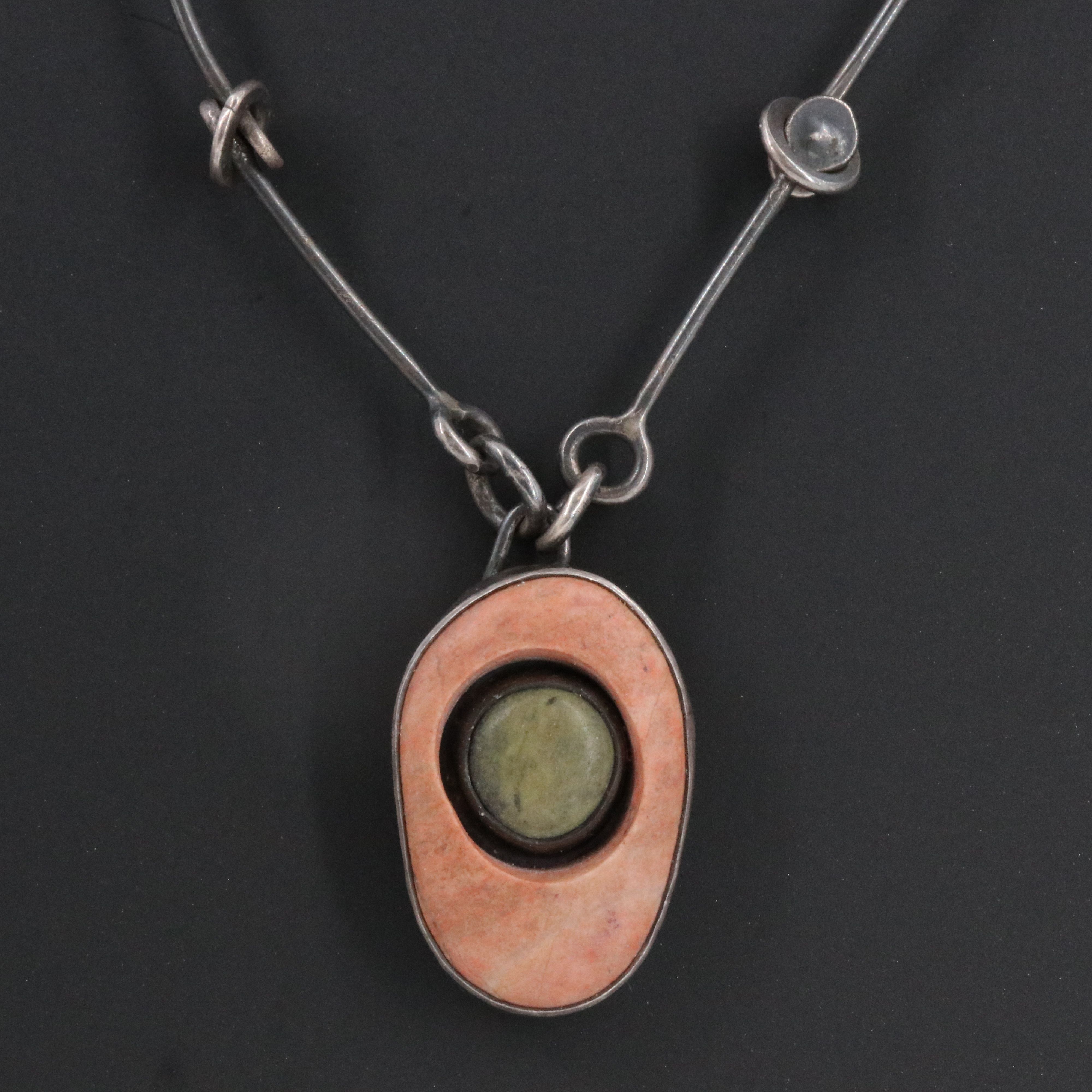 Artisan Made Sterling Serpentine and Rhodonite Necklace