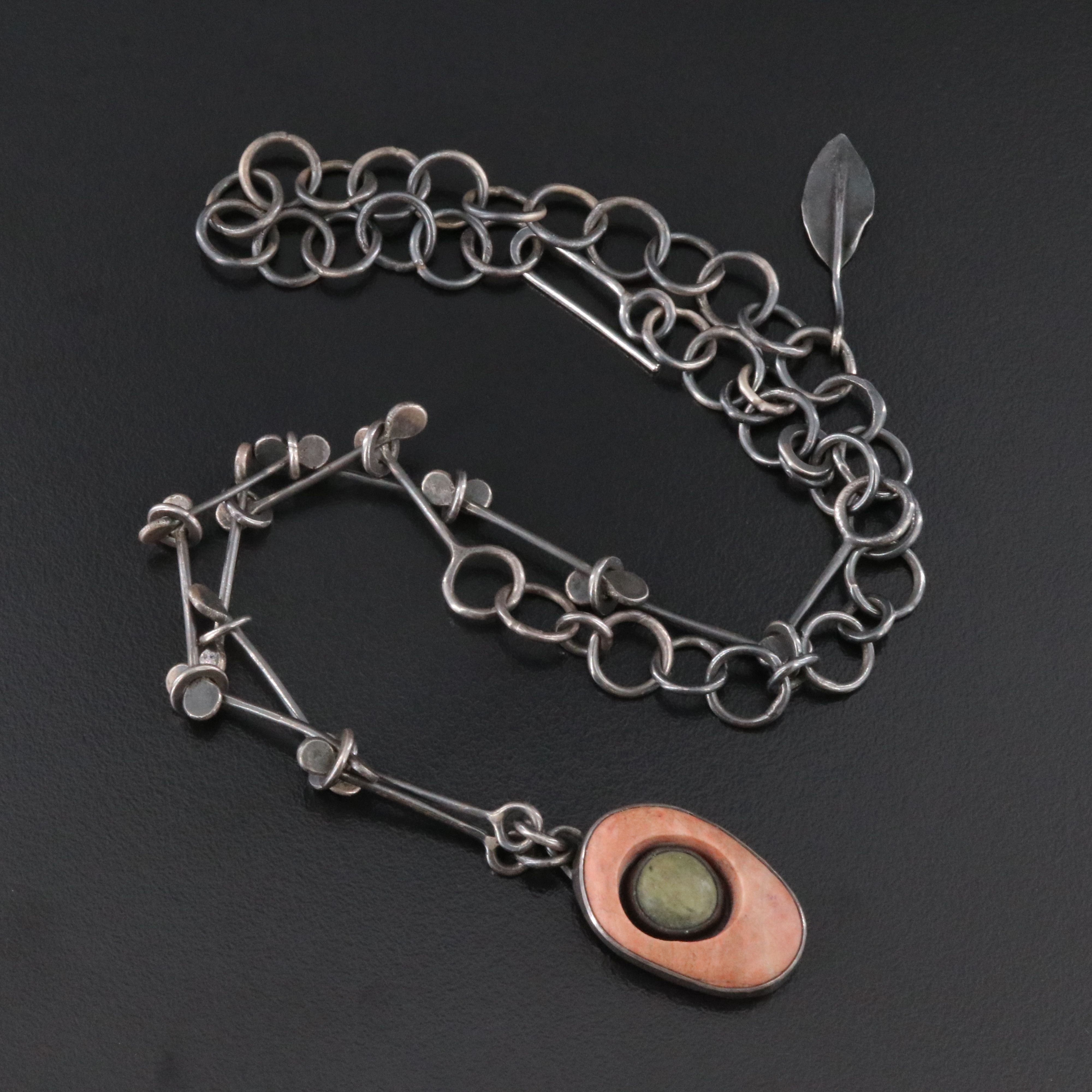 Artisan Made Sterling Serpentine and Rhodonite Necklace