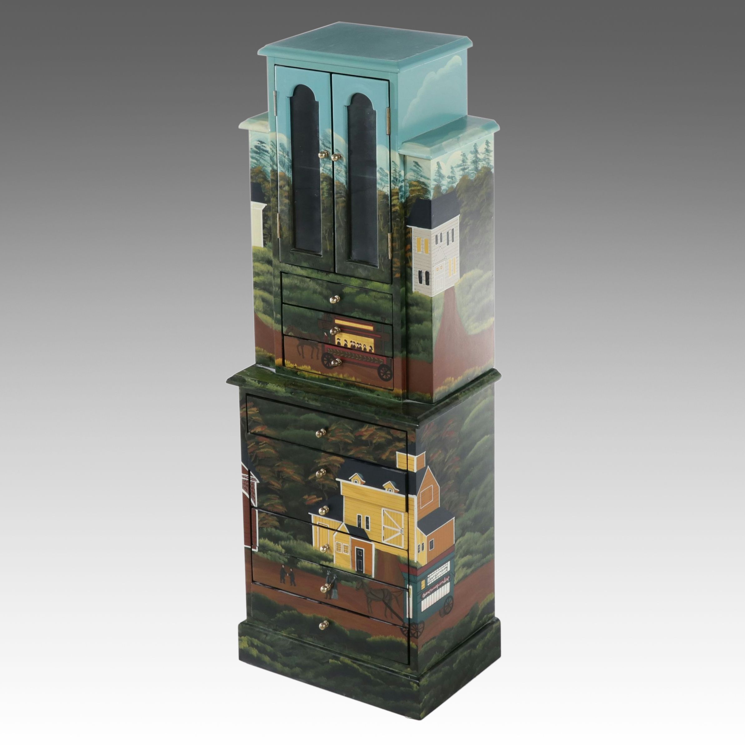 Hand-Painted Folk Art Scene Jewelry Armoire, Late 20th Century