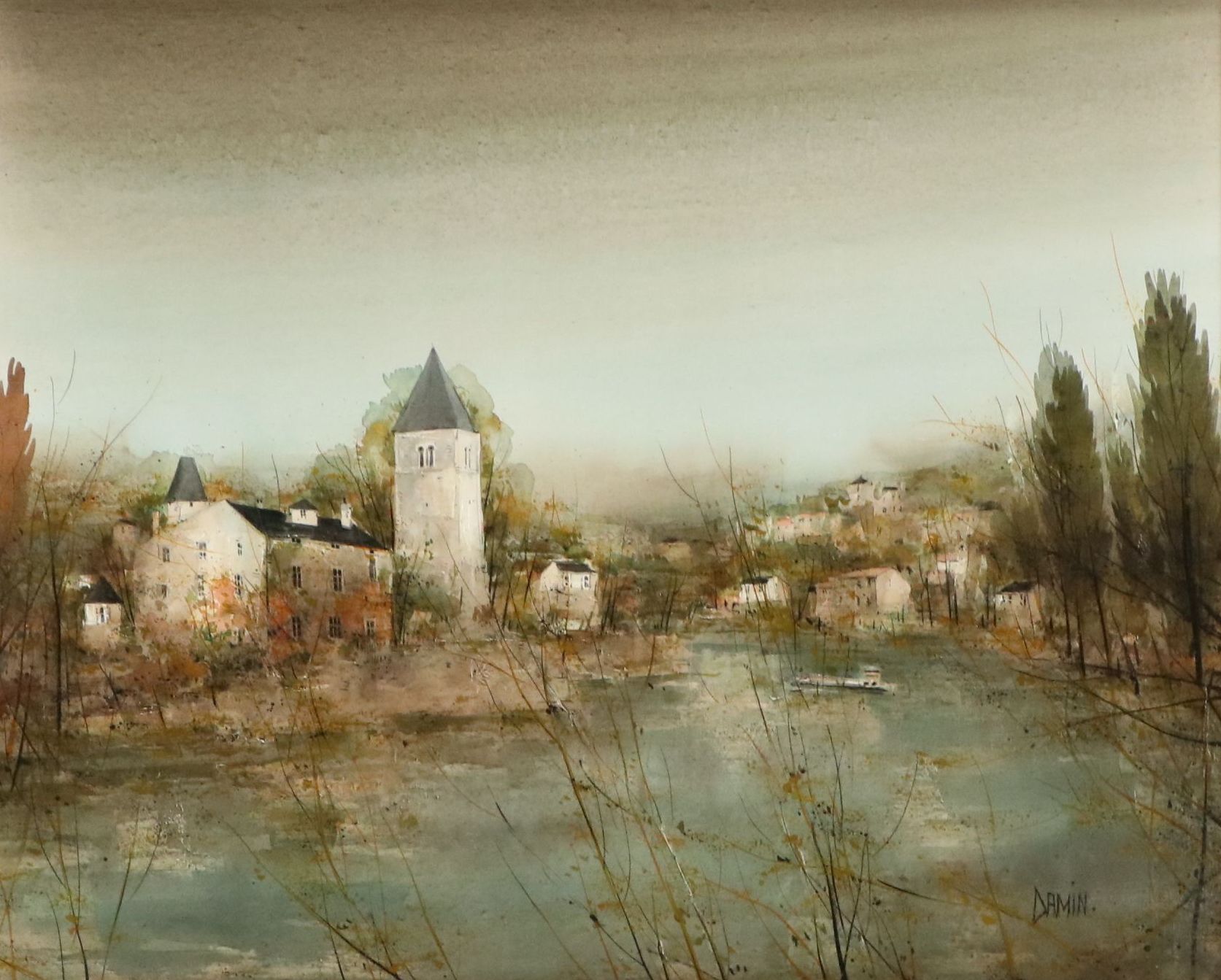 Georges Damin Oil Painting "L'Île Barbre," Late 20th Century