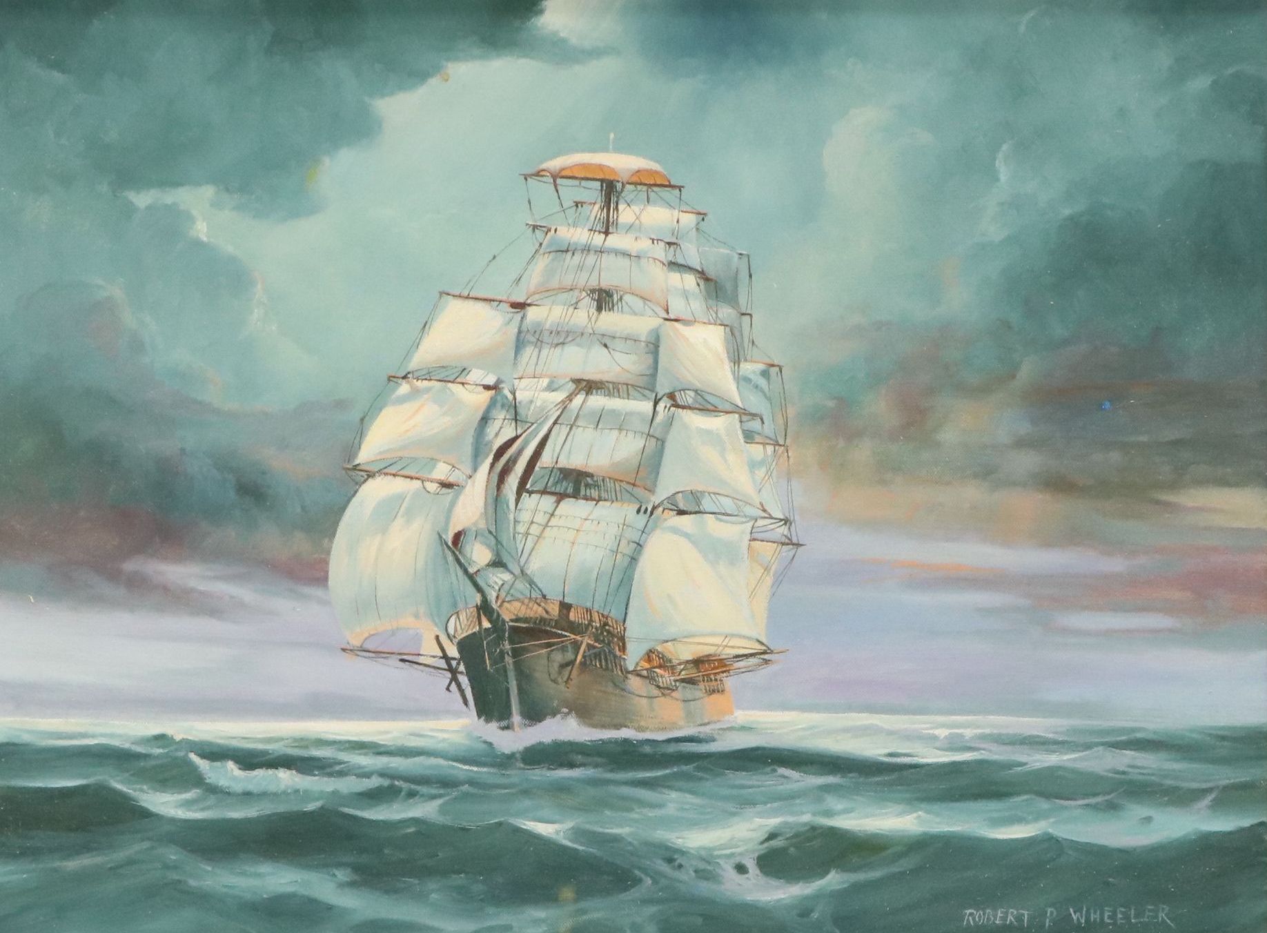 Robert P. Wheeler Oil Painting Clipper Ship at Sea, Early 20th Century