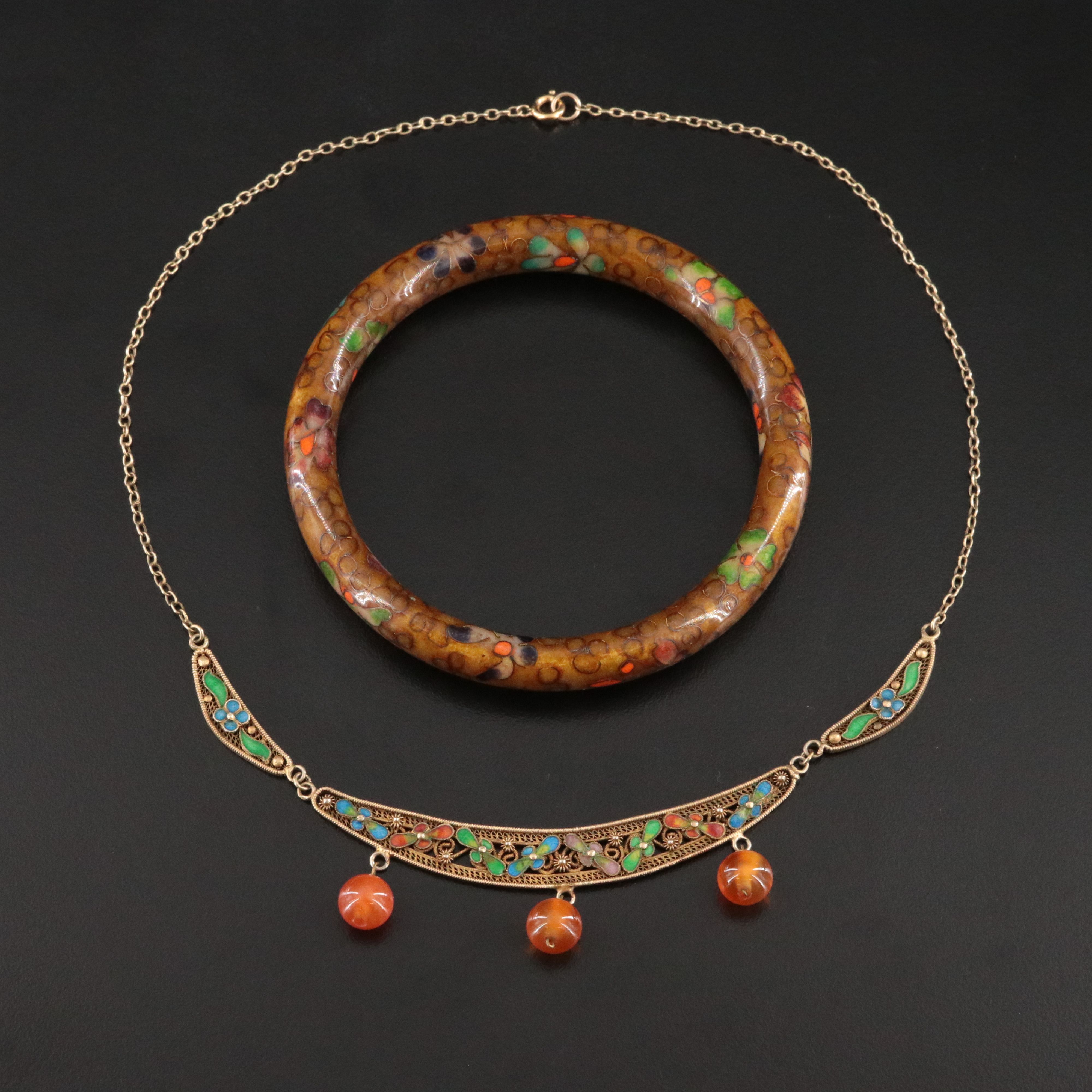 Chinese Export Sterling Cloisonné Necklace & Floral Bangle with Carnelian