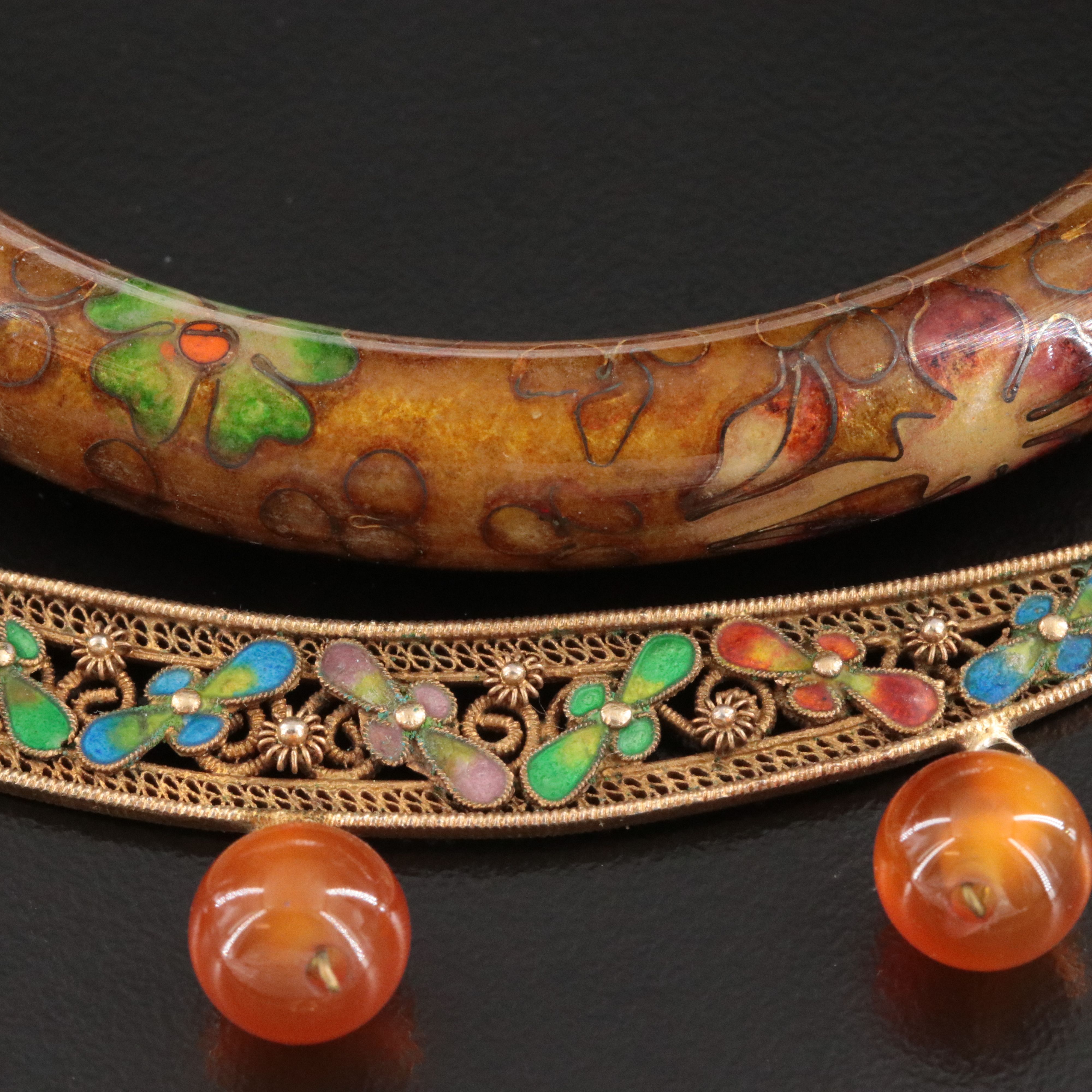 Chinese Export Sterling Cloisonné Necklace & Floral Bangle with Carnelian