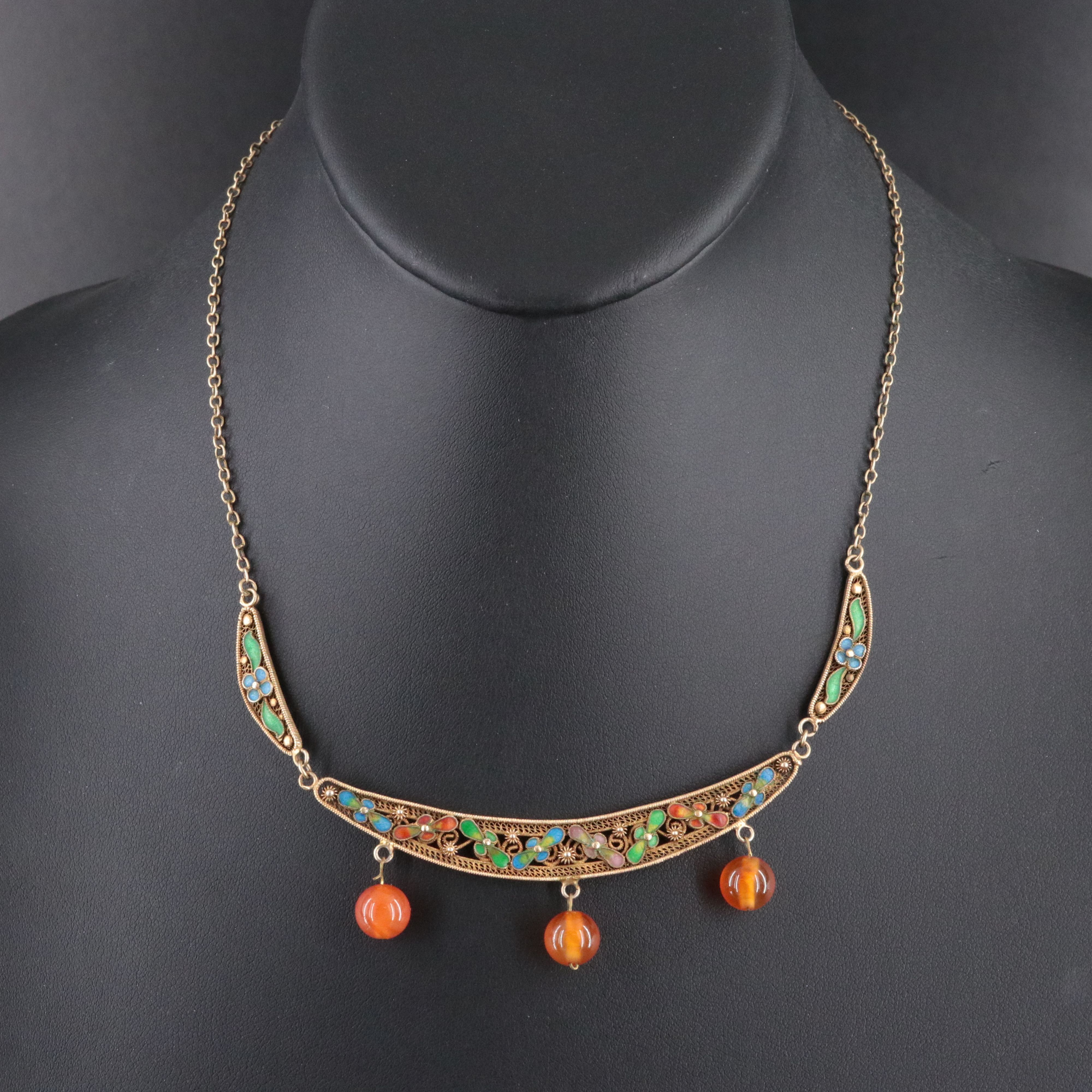 Chinese Export Sterling Cloisonné Necklace & Floral Bangle with Carnelian