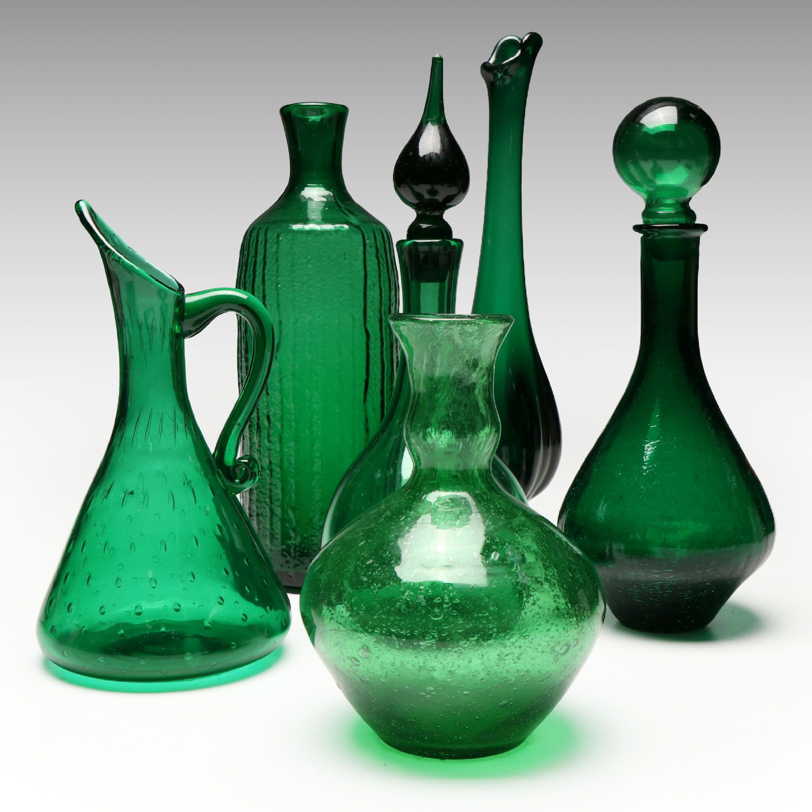 Mid Century Modern Style Bubble and Other Green Glass Decanters and Vases