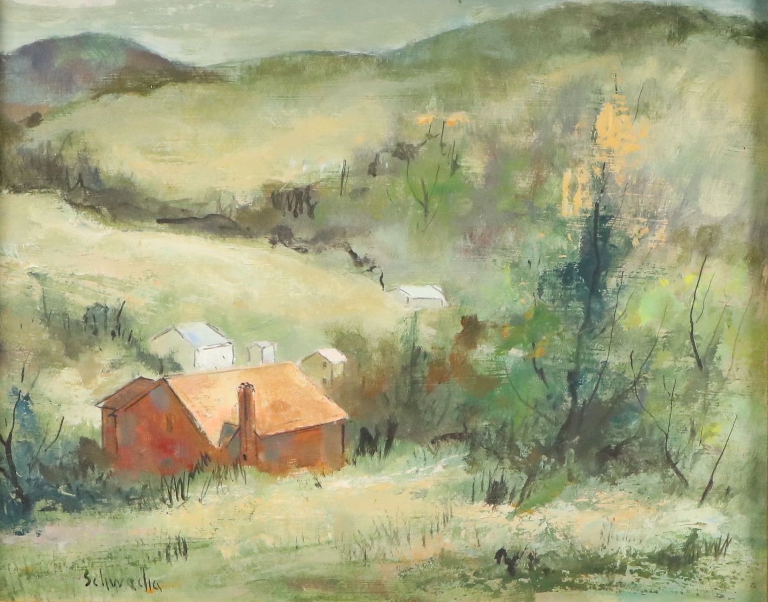 George Schwatcha Jr. Pastoral Scene Landscape Oil Painting, Late 20th Century