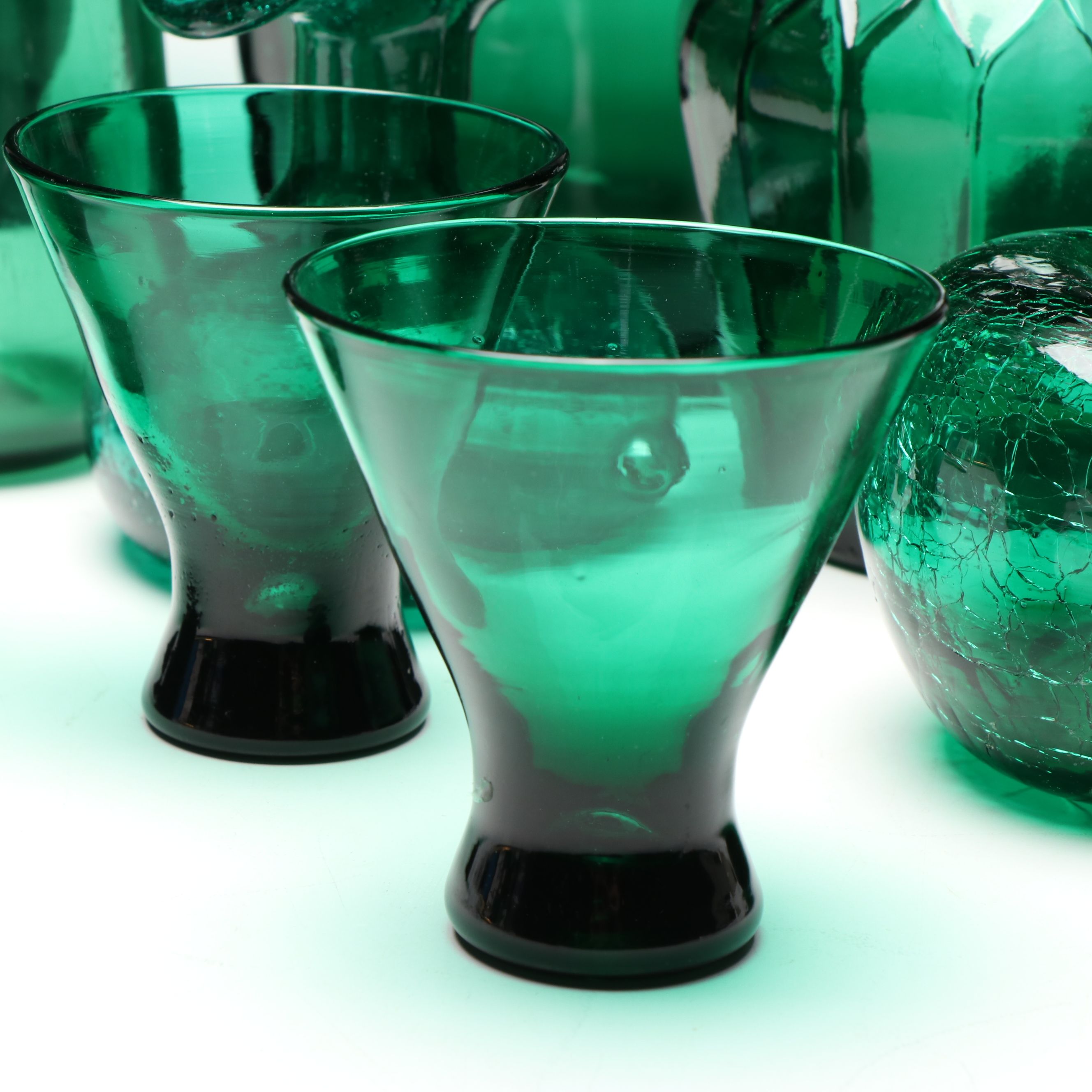 Mid Century Modern Emerald Green Vases, Goblets and Stoppered Vessels