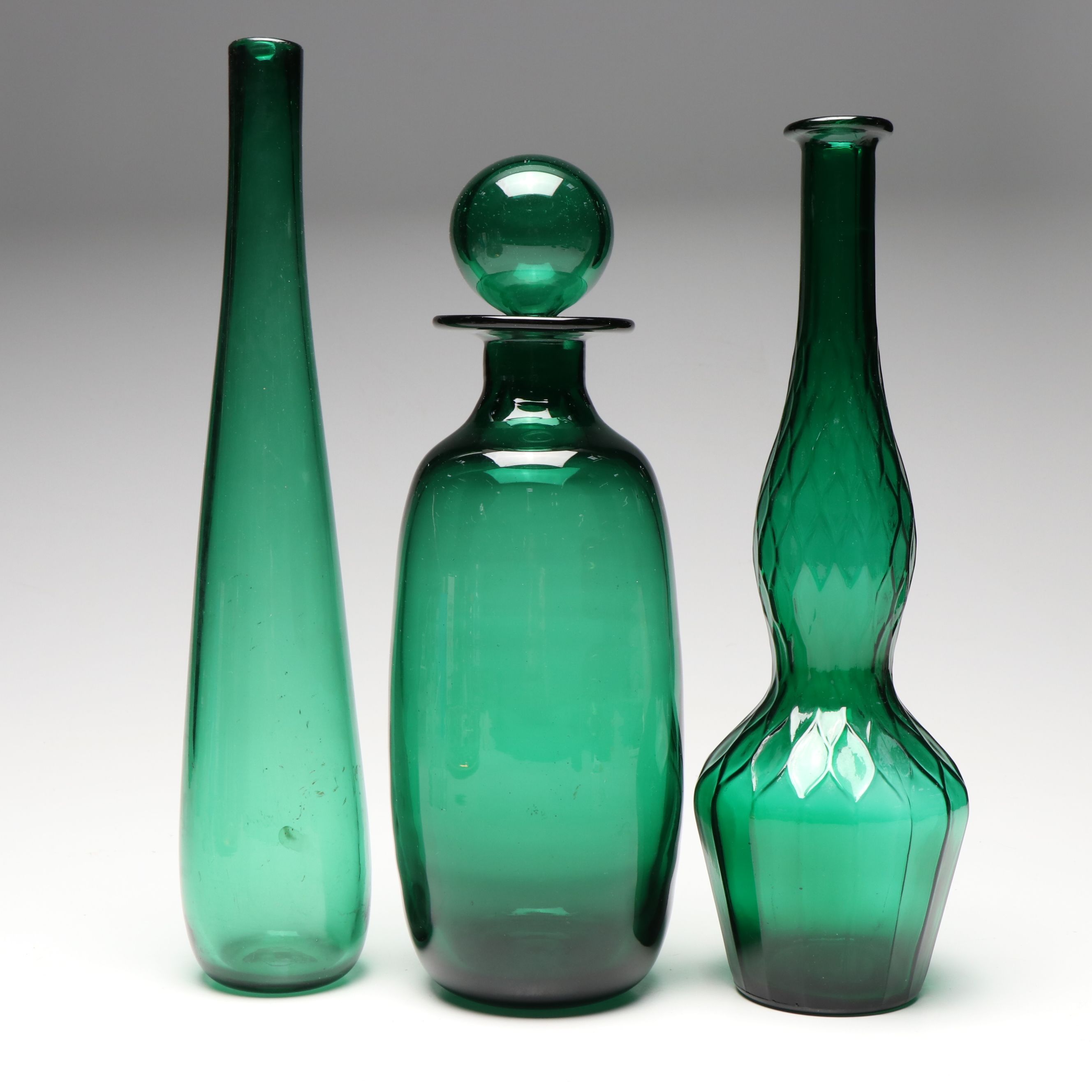 Mid Century Modern Emerald Green Vases, Goblets and Stoppered Vessels