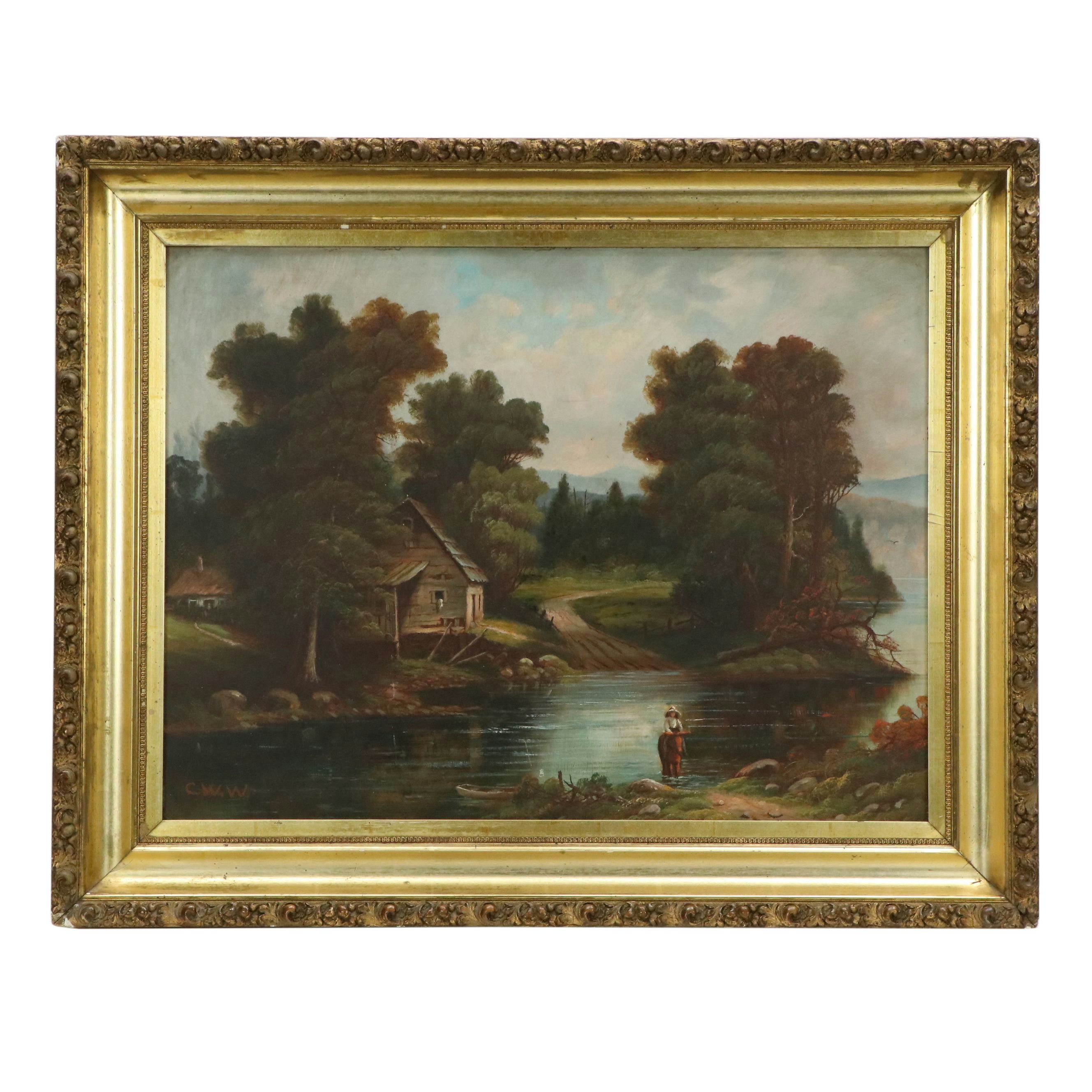 American Pastoral Landscape Oil Painting of River Scene, 19th Century