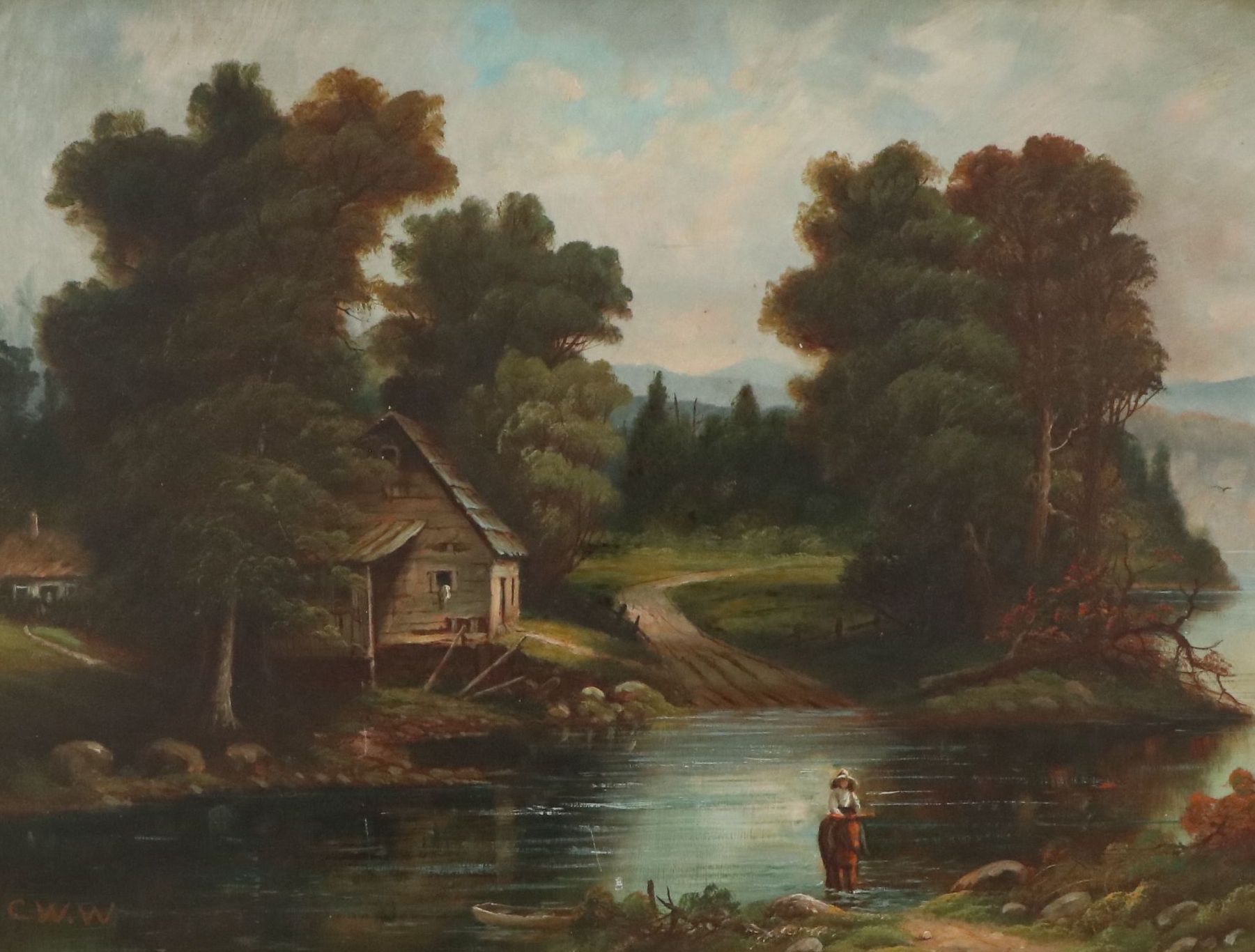 American Pastoral Landscape Oil Painting of River Scene, 19th Century