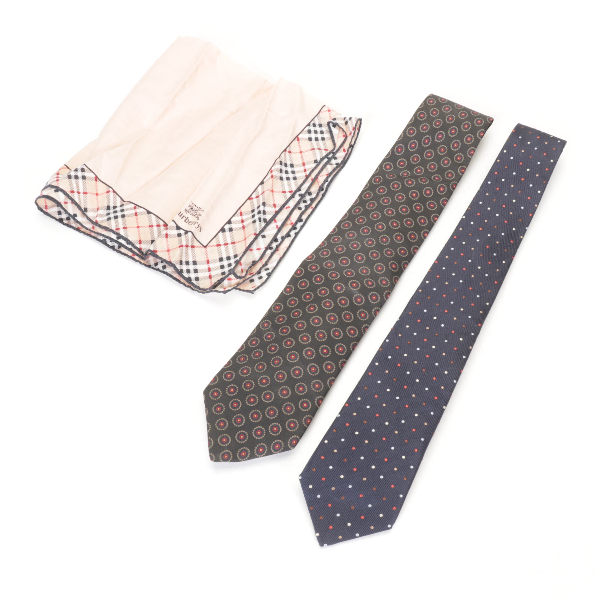 Gucci and Burberrys Silk Neck Ties with Burberrys Handkerchief Scarf