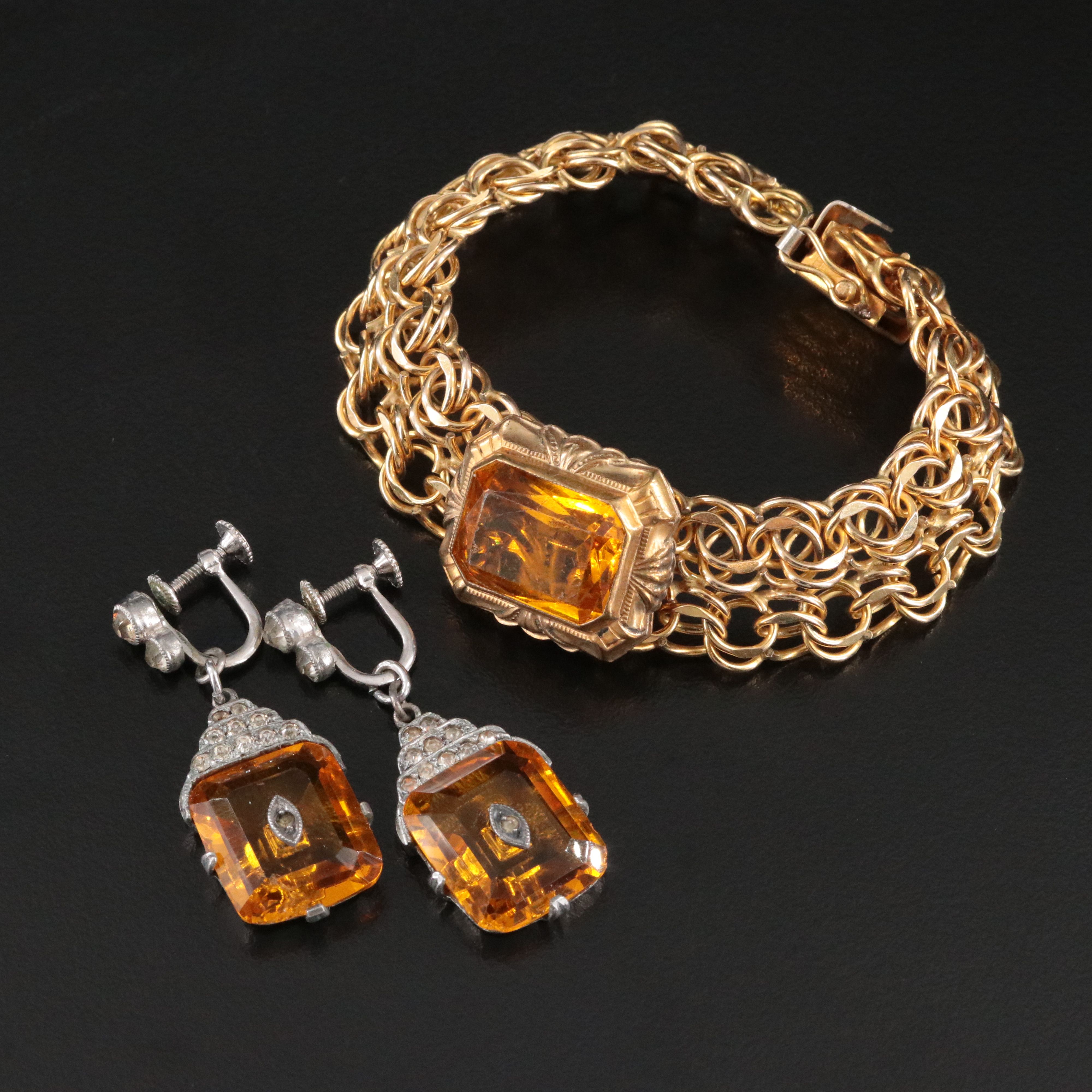 Art Deco Sterling Earrings & 1960s Jacoby-Bender Gold-Filled Bracelet