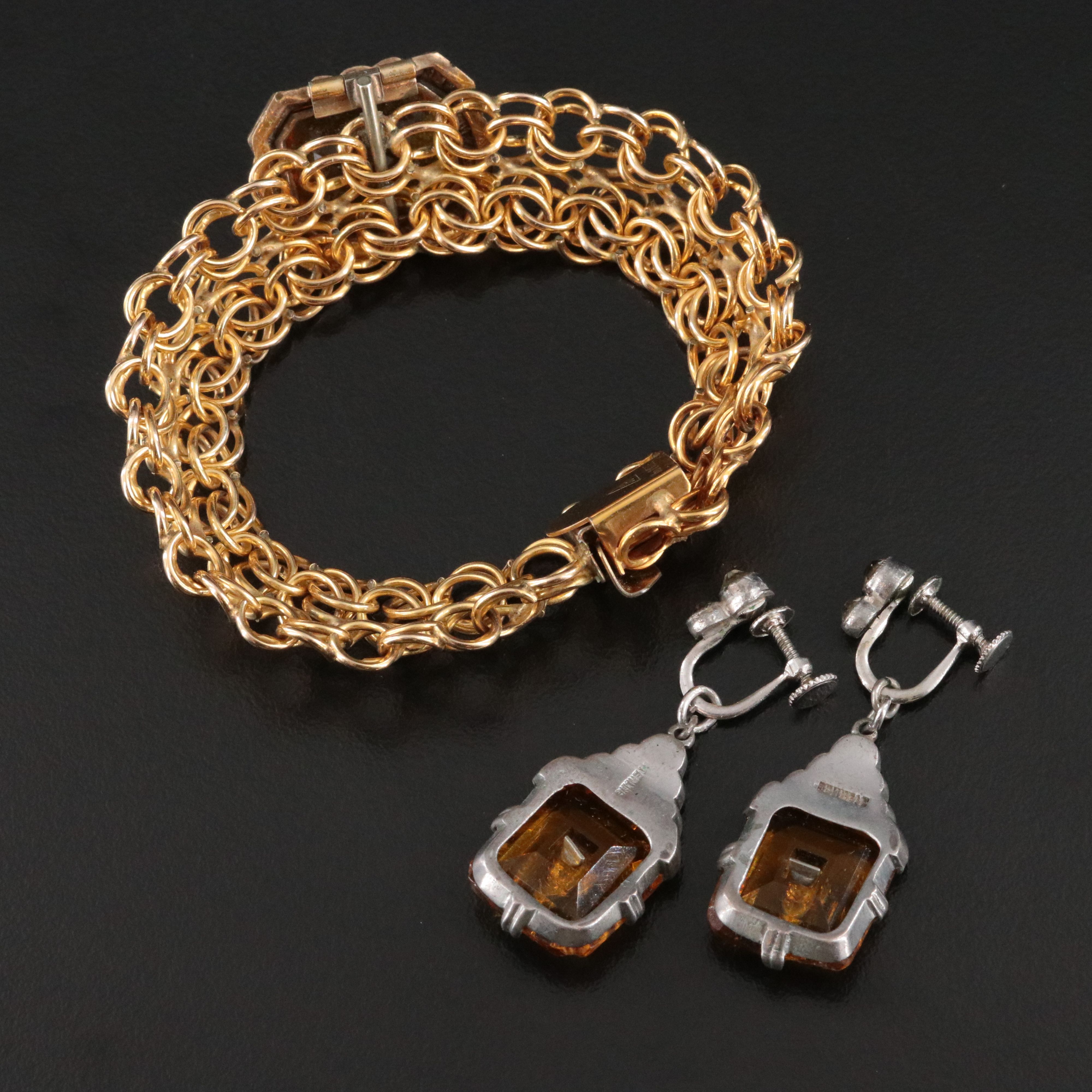 Art Deco Sterling Earrings & 1960s Jacoby-Bender Gold-Filled Bracelet