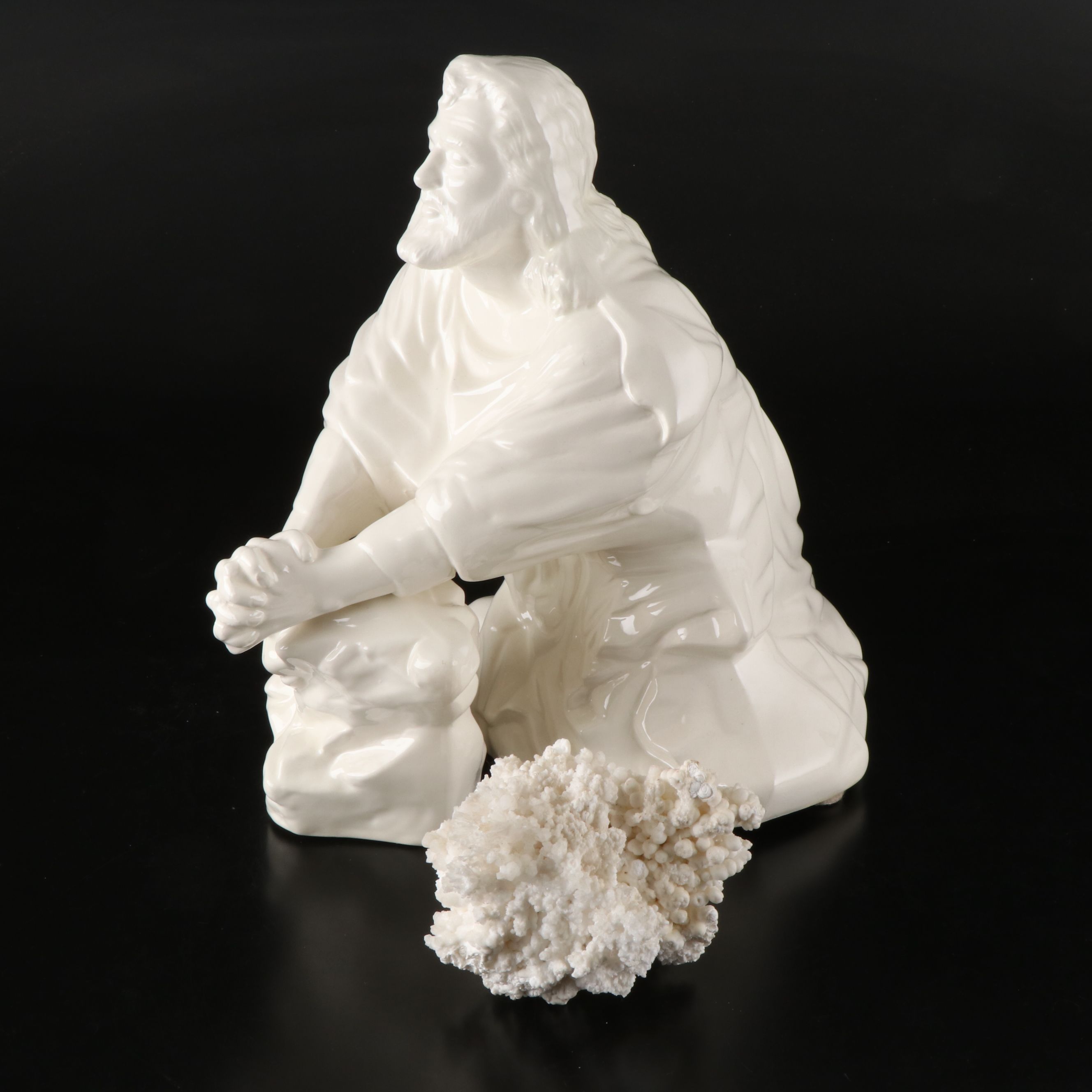 Ceramic Praying Jesus with Aragonite Specimen