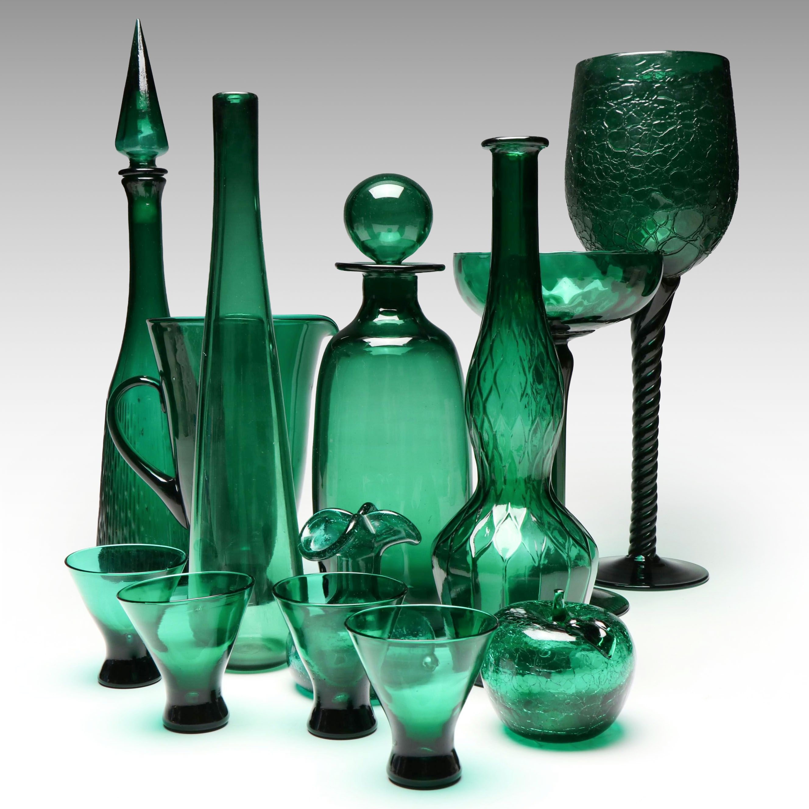 Mid Century Modern Emerald Green Vases, Goblets and Stoppered Vessels