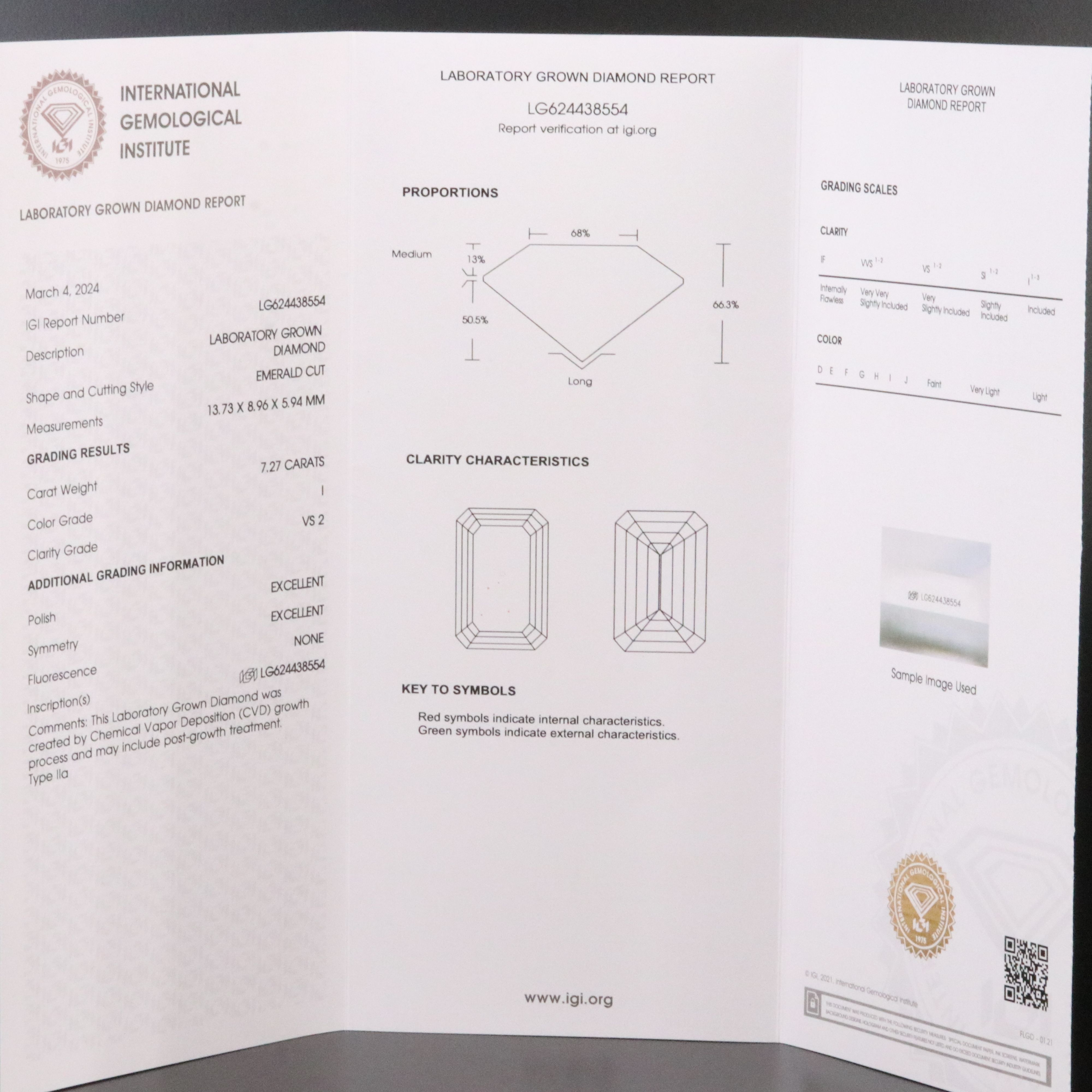 Loose 7.27 CT Lab Grown Diamond with IGI Report