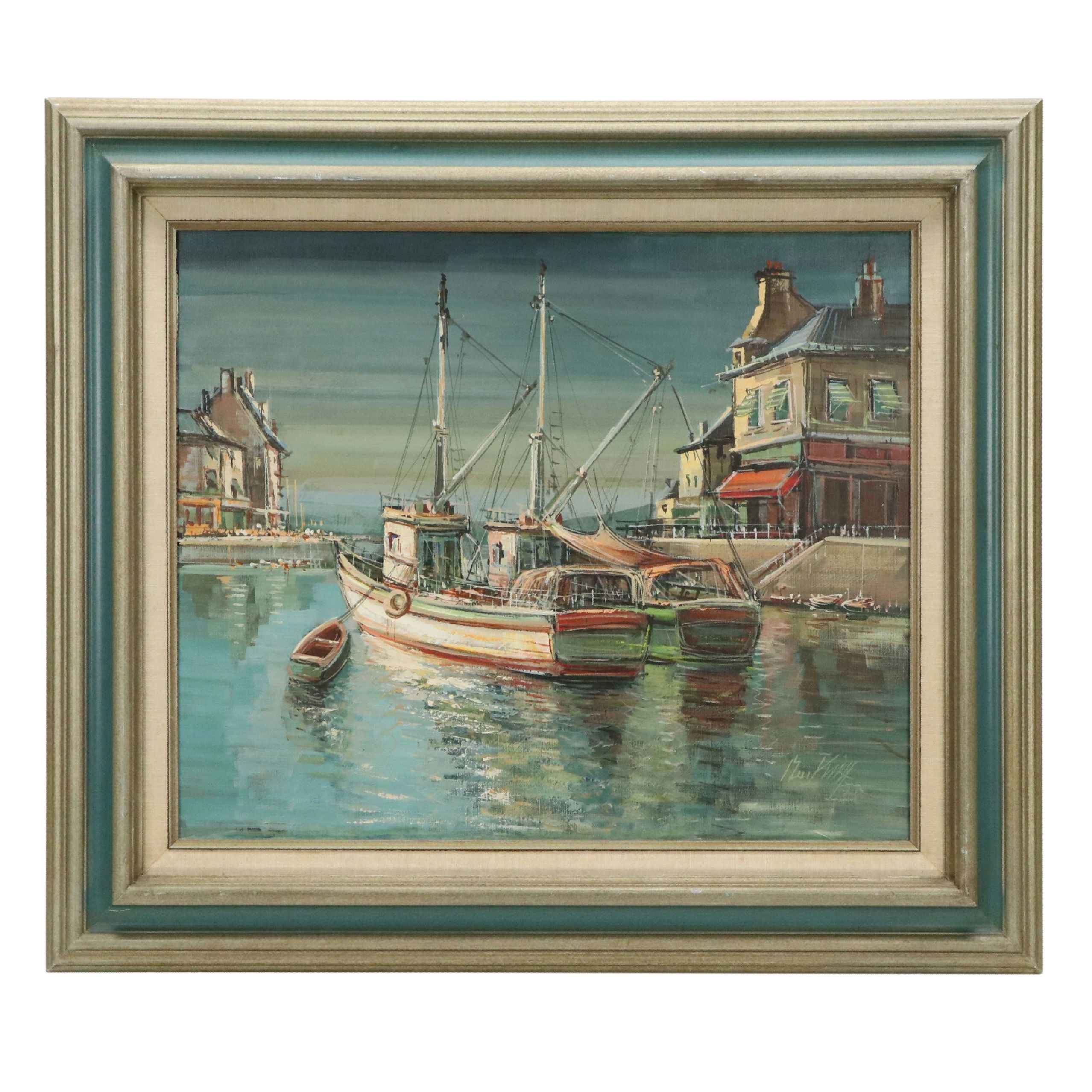 Parisian Harbor Scene Oil Painting "Bateaux - Pêche - Norandie," 1975