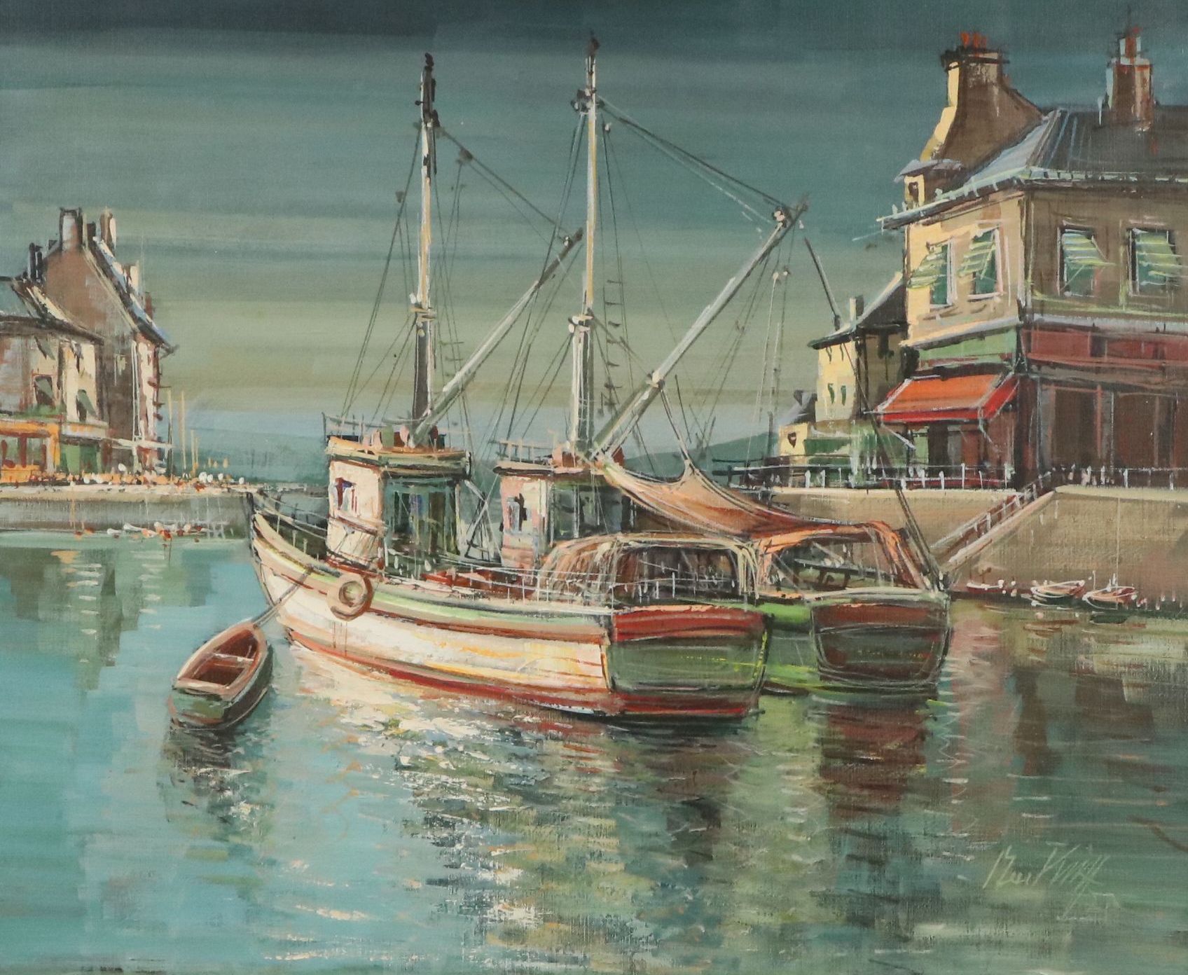 Parisian Harbor Scene Oil Painting "Bateaux - Pêche - Norandie," 1975