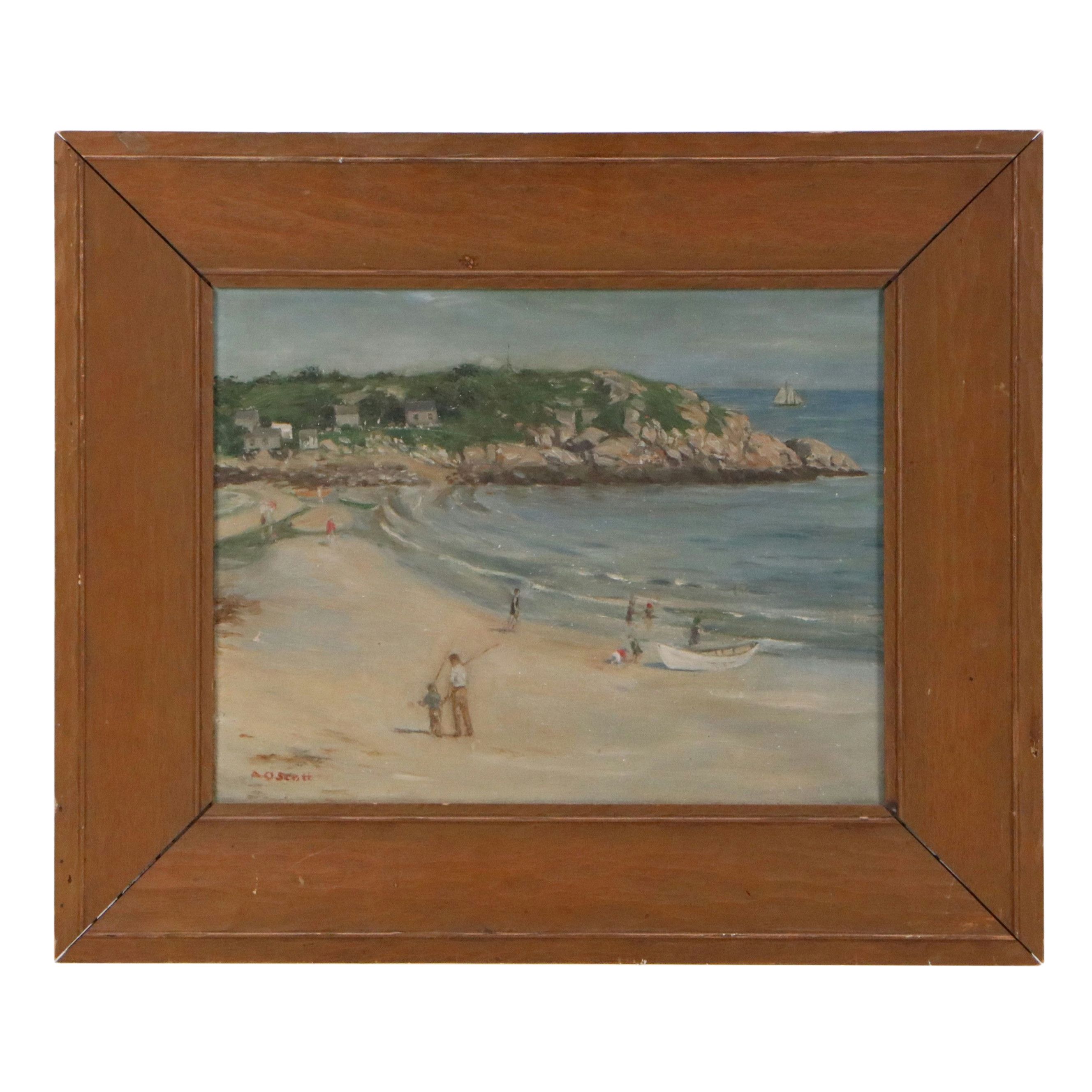 A. O. Scott Coastal Landscape Oil Painting of Figures on Beach Scene