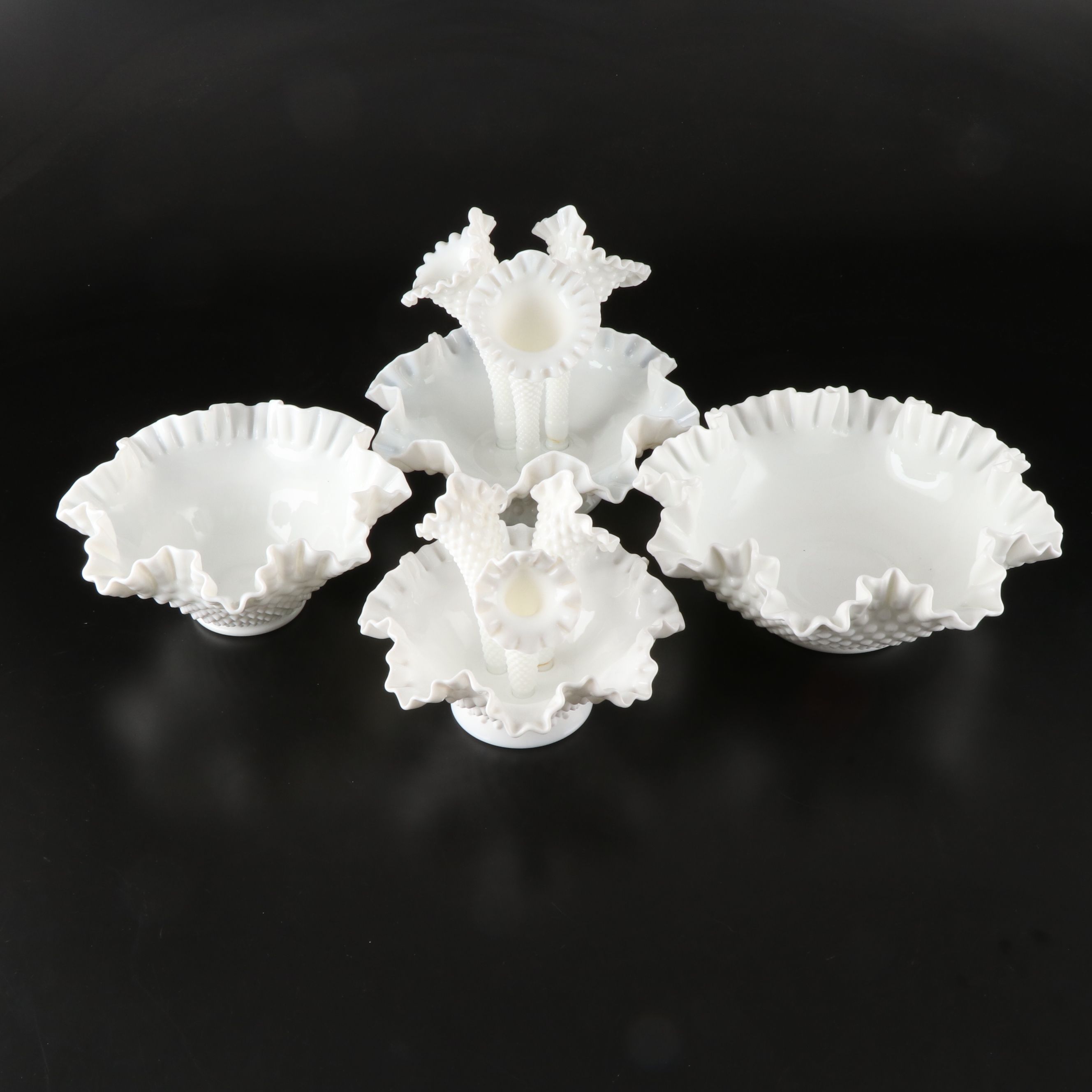 Fenton Hobnail Milk Glass Epergnes with Ruffled Edge Bowls, Mid to Late 20th C.