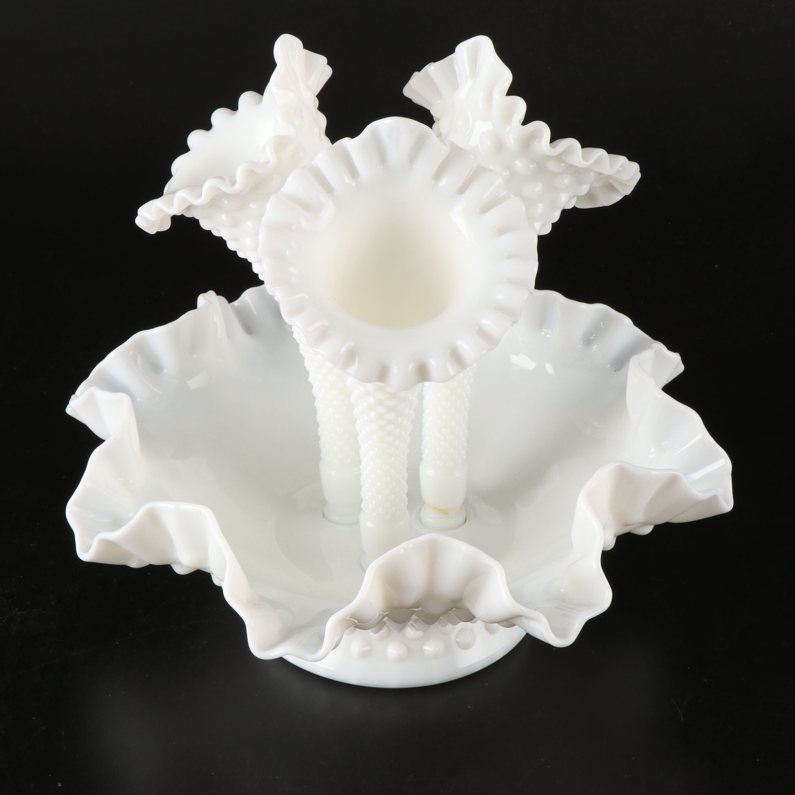 Fenton Hobnail Milk Glass Epergnes with Ruffled Edge Bowls, Mid to Late 20th C.