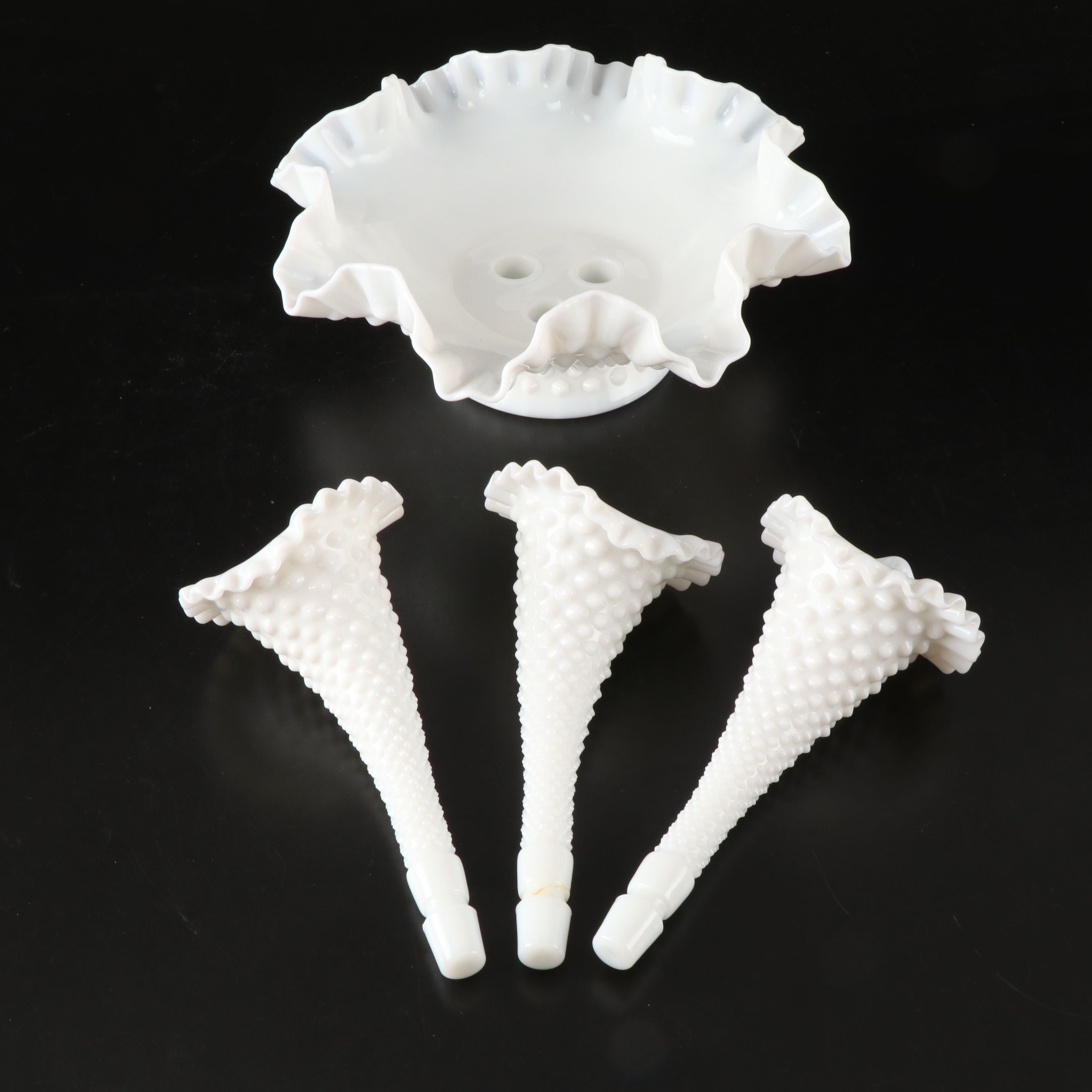 Fenton Hobnail Milk Glass Epergnes with Ruffled Edge Bowls, Mid to Late 20th C.