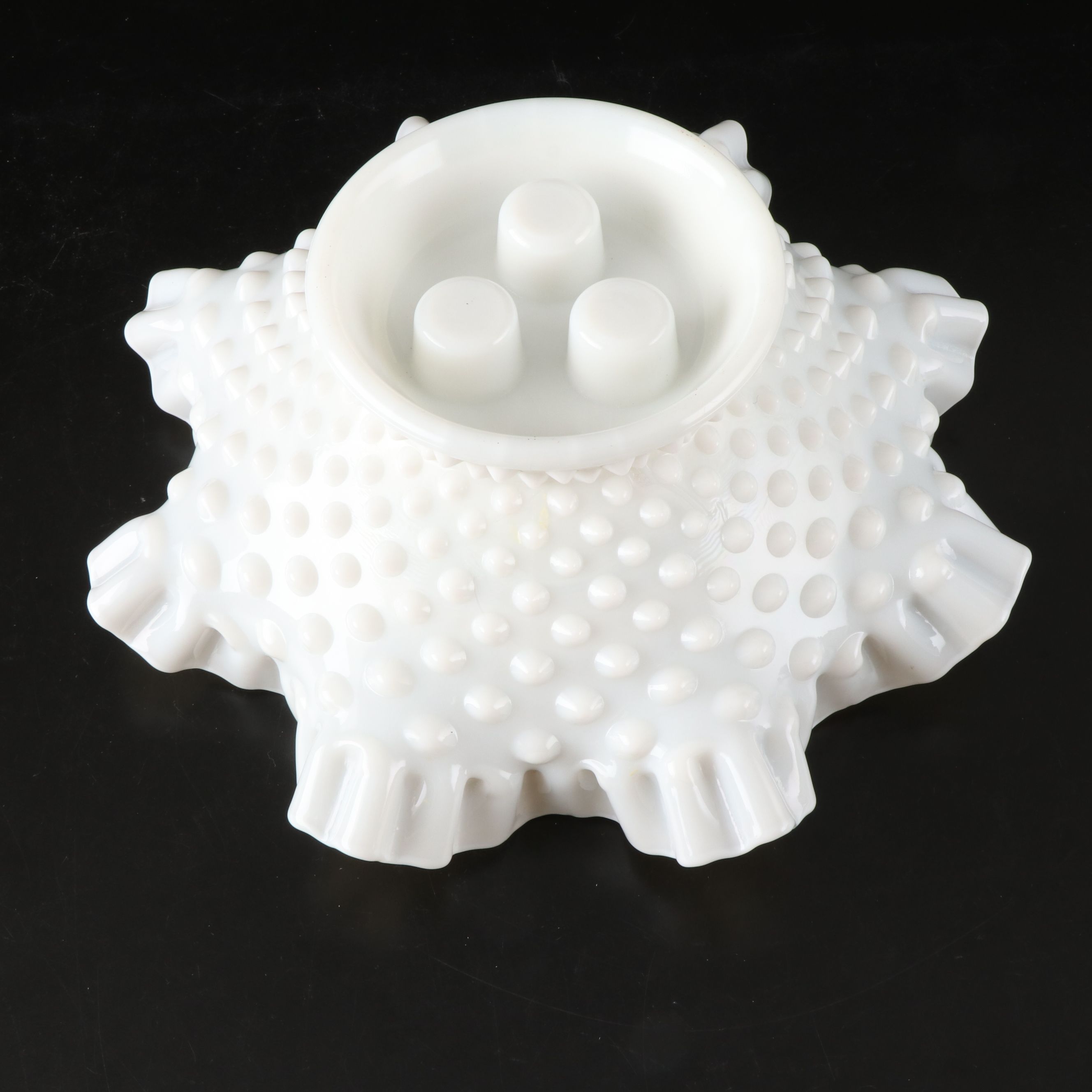 Fenton Hobnail Milk Glass Epergnes with Ruffled Edge Bowls, Mid to Late 20th C.