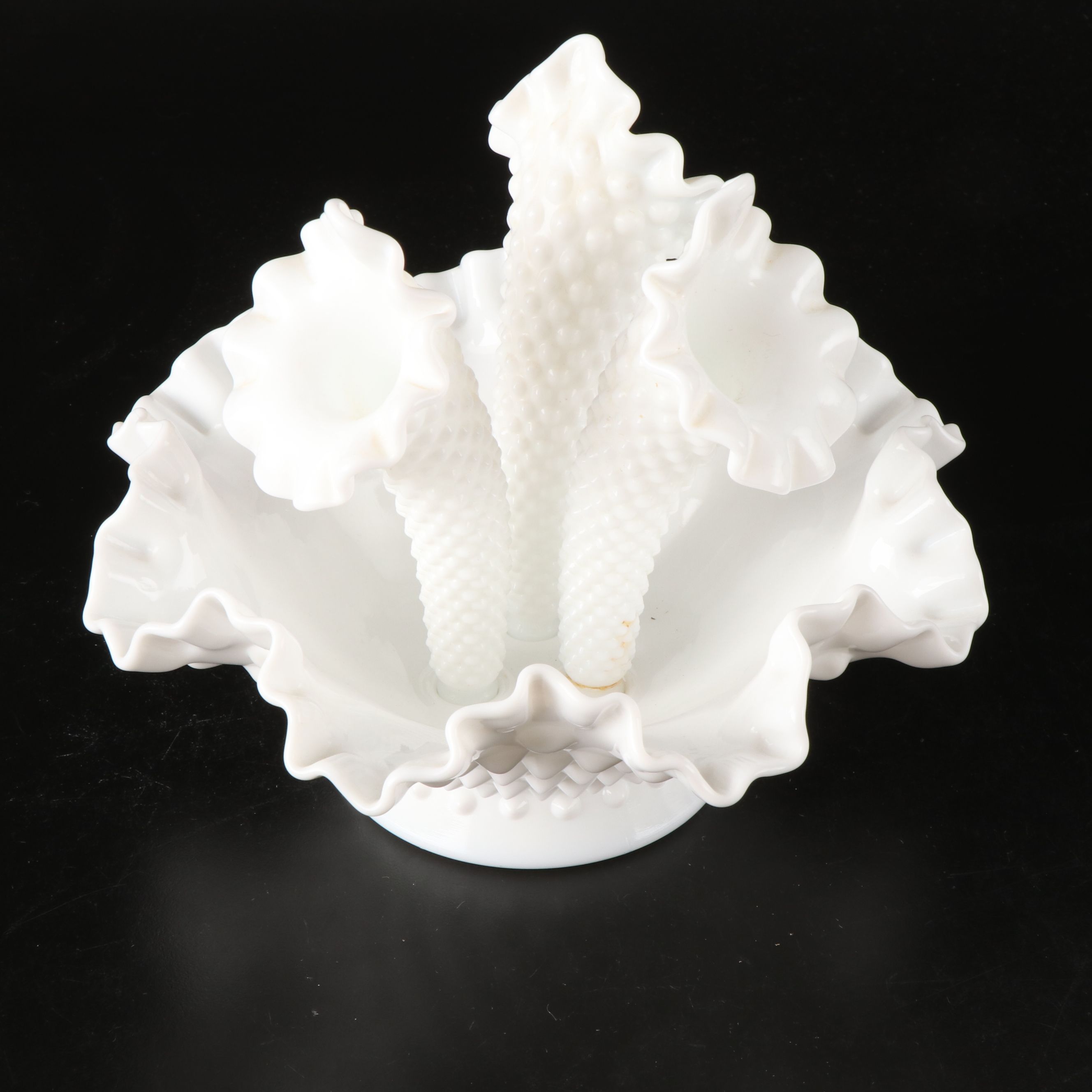 Fenton Hobnail Milk Glass Epergnes with Ruffled Edge Bowls, Mid to Late 20th C.