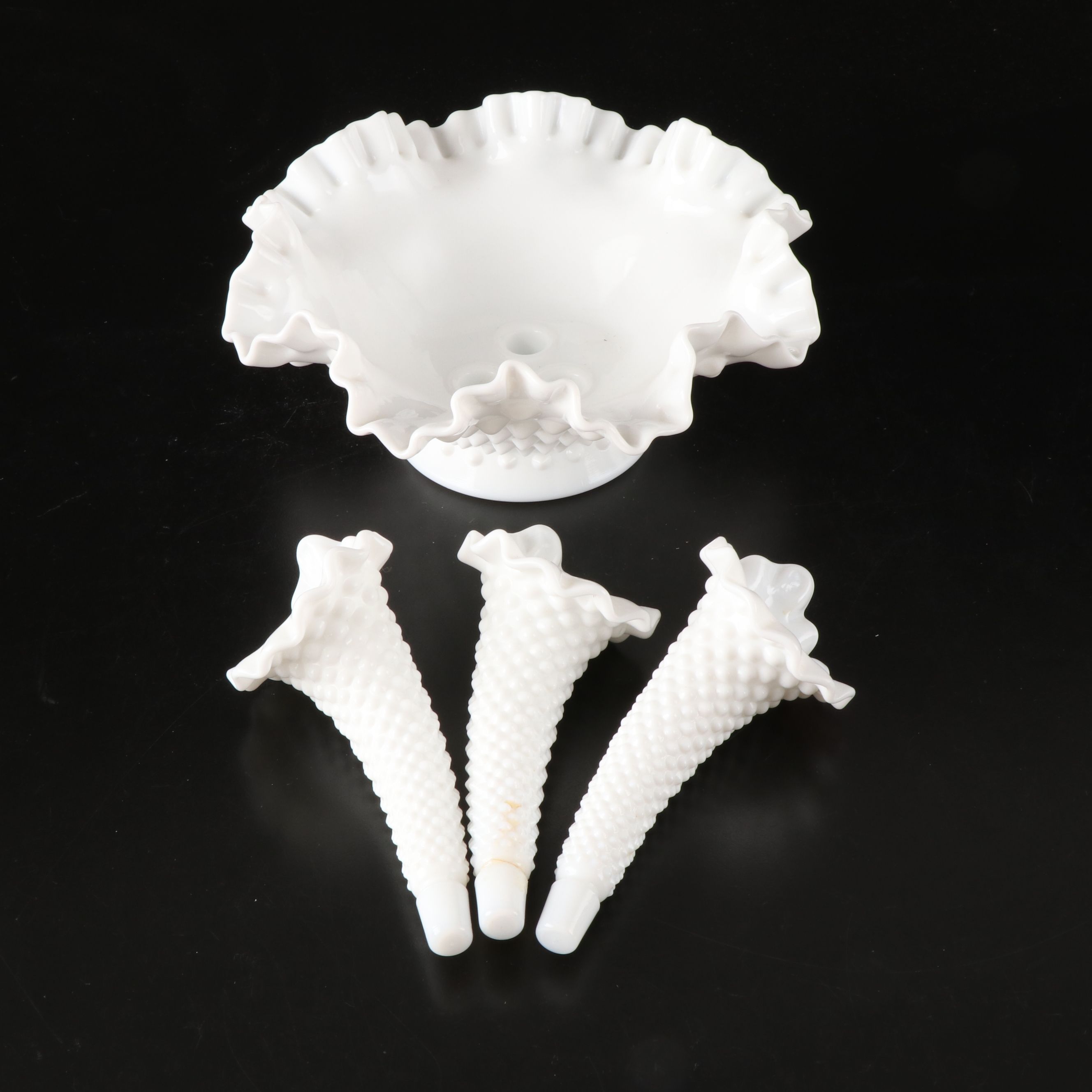 Fenton Hobnail Milk Glass Epergnes with Ruffled Edge Bowls, Mid to Late 20th C.