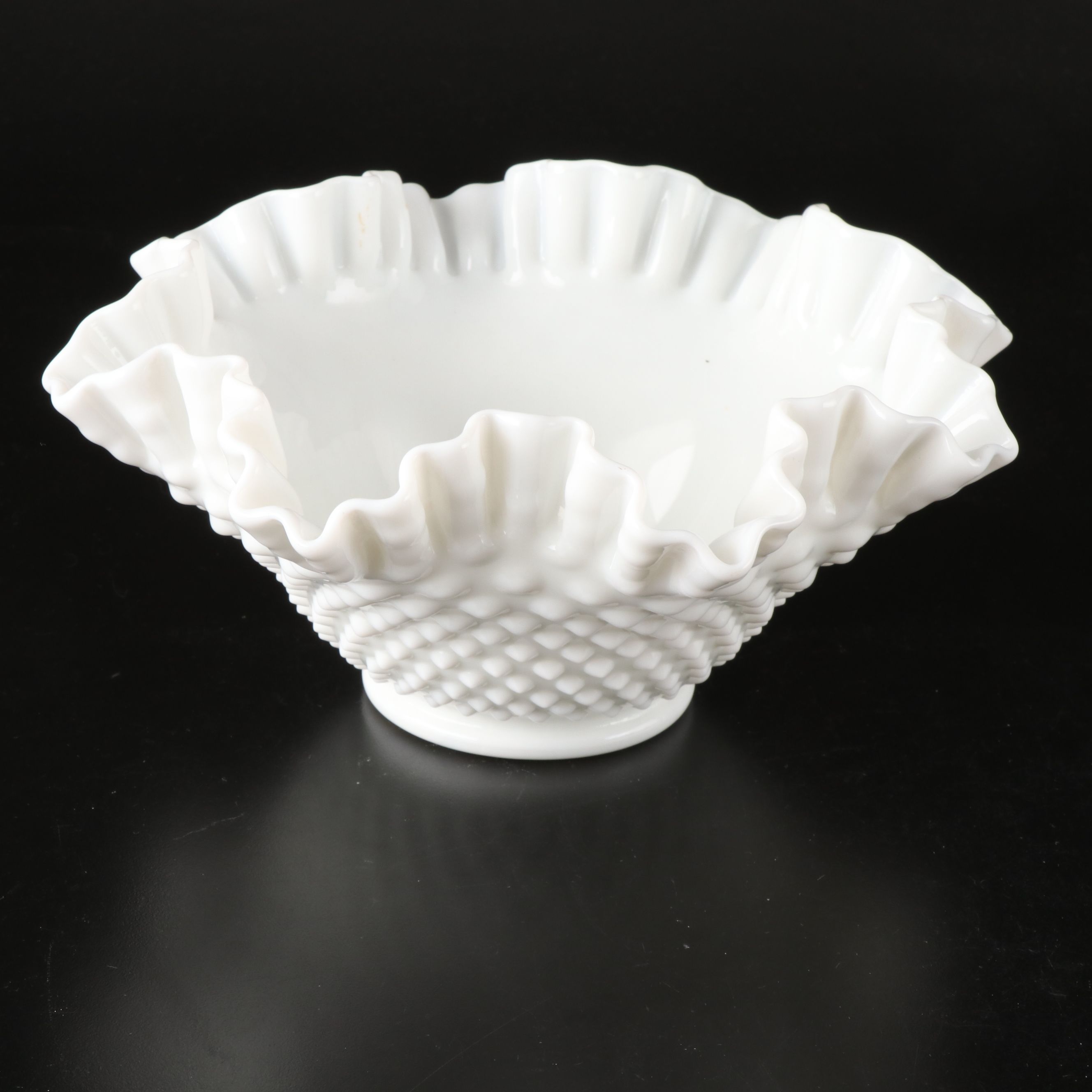 Fenton Hobnail Milk Glass Epergnes with Ruffled Edge Bowls, Mid to Late 20th C.