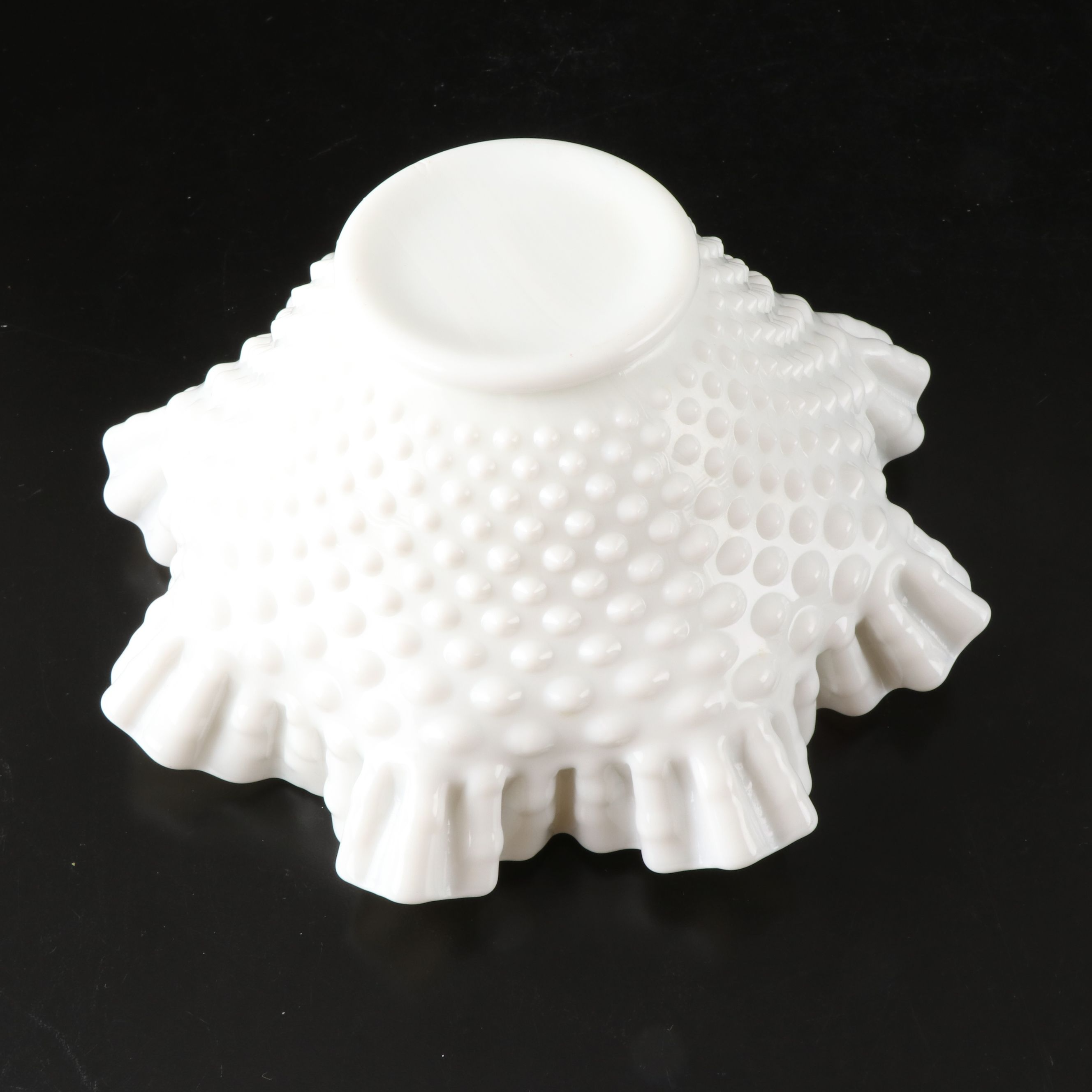 Fenton Hobnail Milk Glass Epergnes with Ruffled Edge Bowls, Mid to Late 20th C.