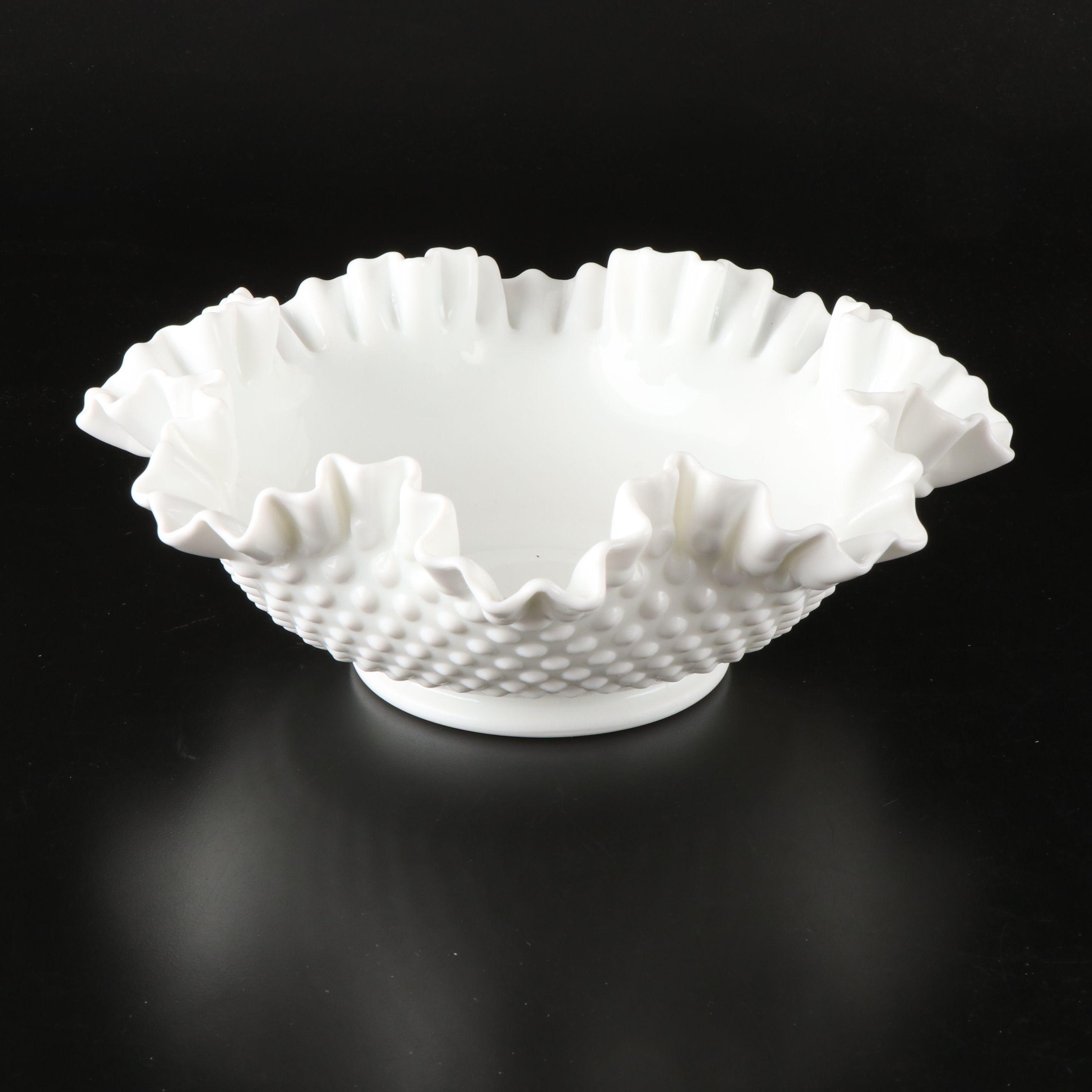 Fenton Hobnail Milk Glass Epergnes with Ruffled Edge Bowls, Mid to Late 20th C.